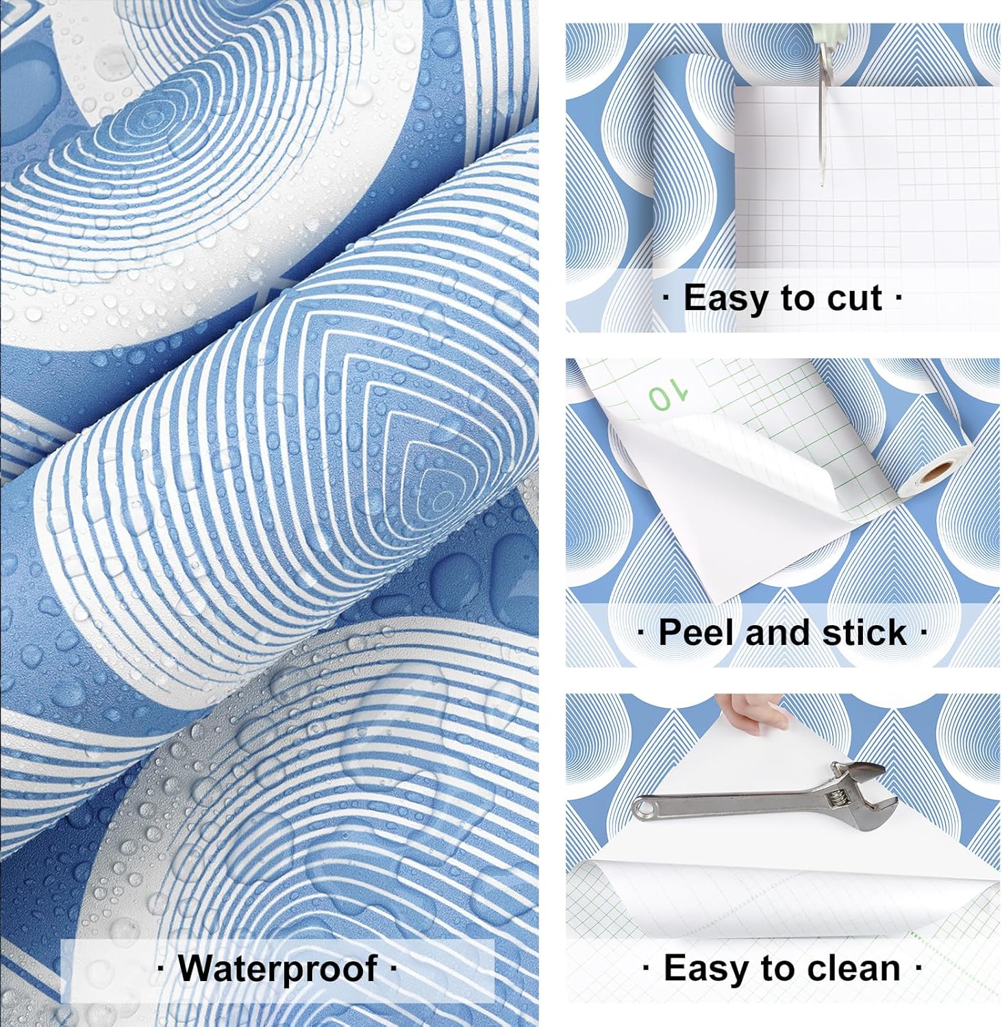 Blue Geometric Peel and Stick Wallpaper Modern Waterdrop Geometric Contact Paper Bohemian Wallpaper Self-Adhesive Boho Abstract Wall Paper for Bedroom Kitchen Wall Decor Cabinets 17.5"×118"