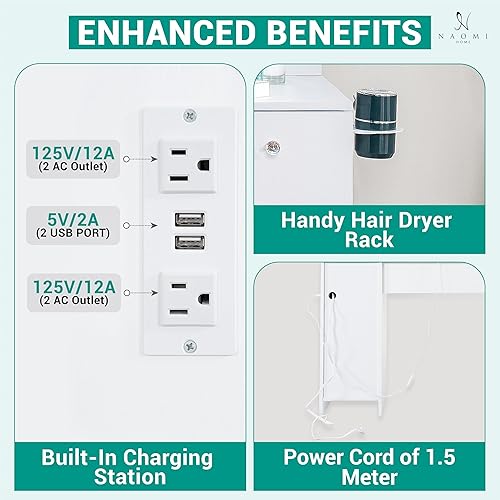 Miniatura 7 de Naomi Home Escritorio de maquillaje de 46 pulgadas con espejo y luces, tocador con 11 bombillas LED, brillo ajustable y 3 modos, juego de tocador