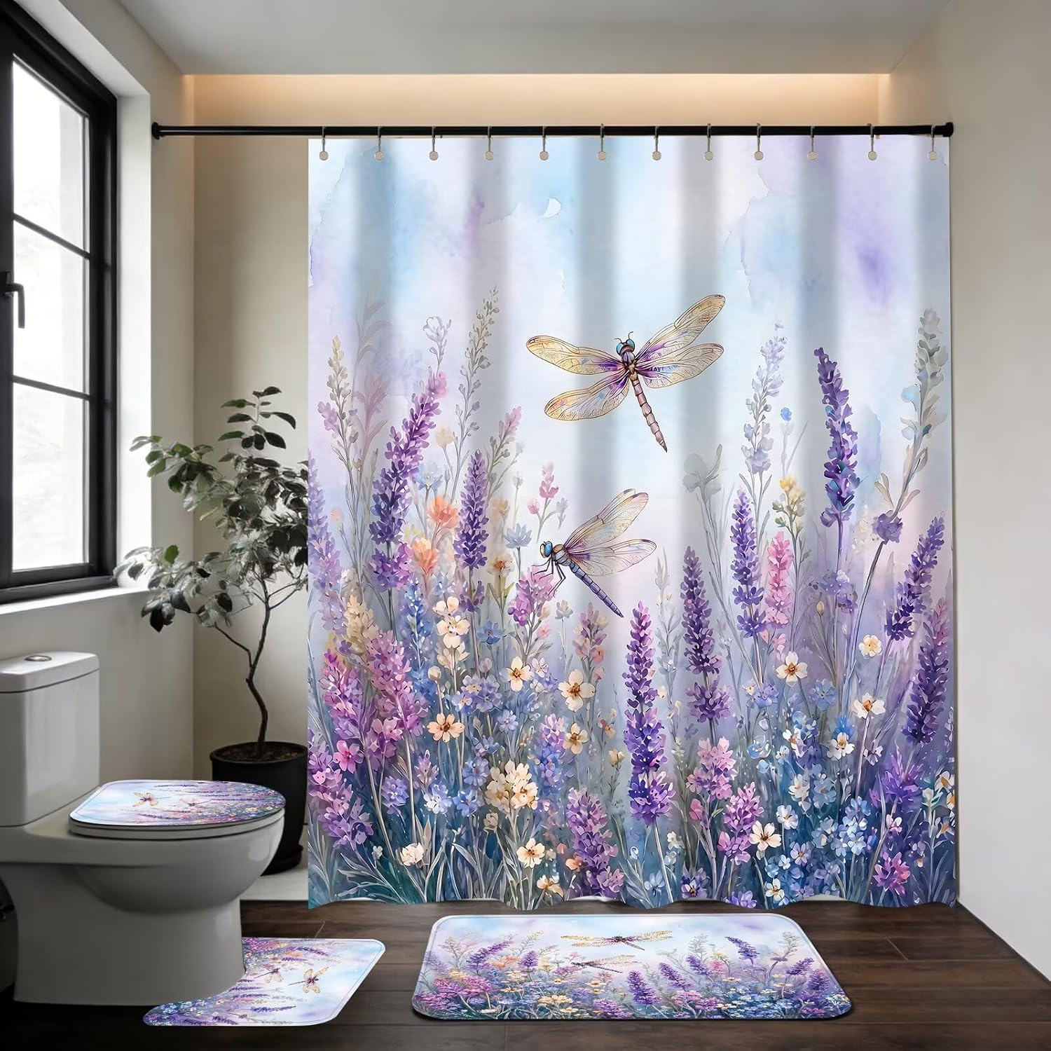 DDQQ 4Pcs Purple Dragonfly Shower Curtain Set with Rugs, Gradient Lavender Shower Curtain Set Colorful Flower Bathroom Set Texture Bath Accessories with Mats image 3
