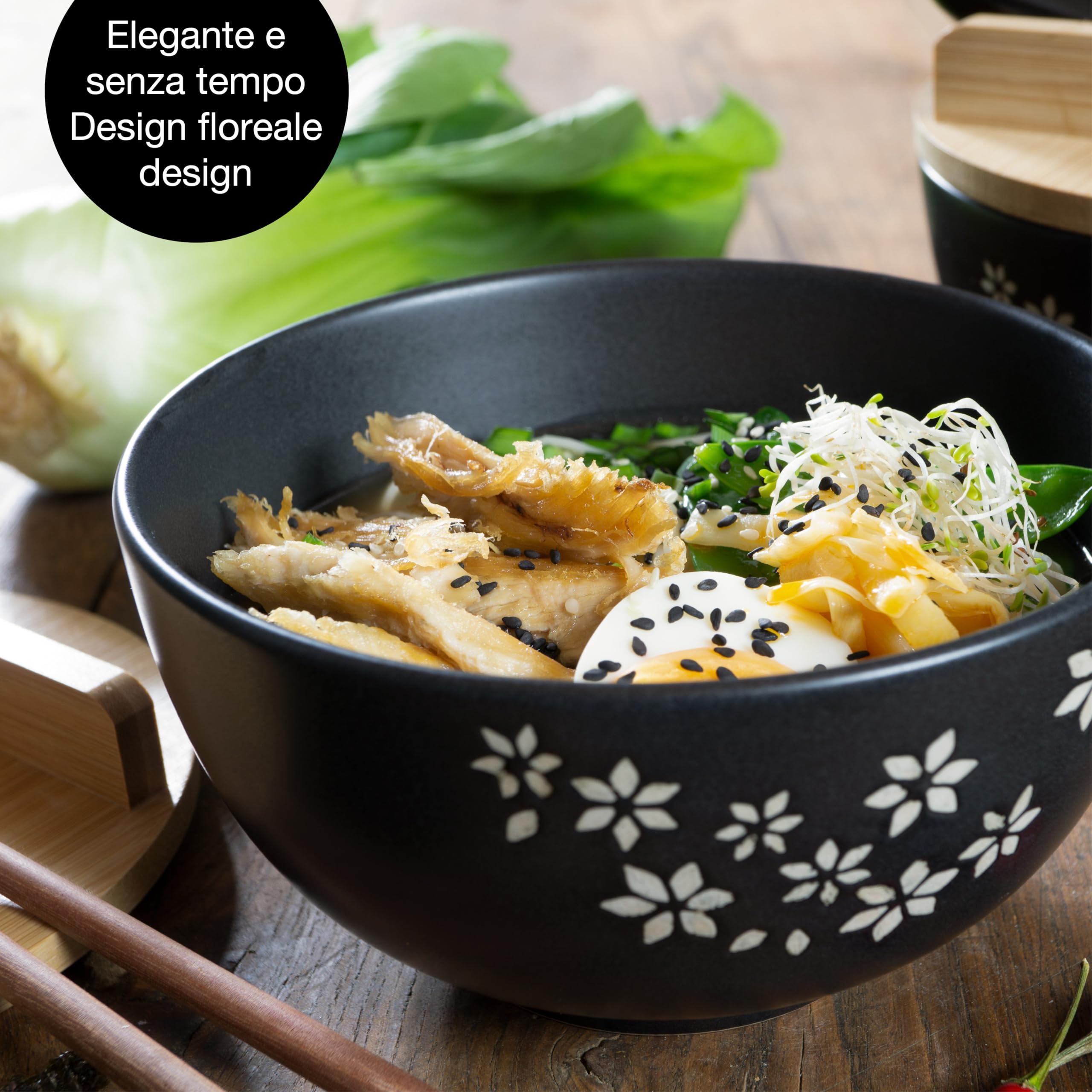 Moritz & Moritz 2 scodelle per ramen in ceramica - 600 ml - Ø 15 cm - Set di ciotole nere per ramen per 2 persone – Scodelle per zuppe, pho e sushi – Bacchette e cucchiai inclusi