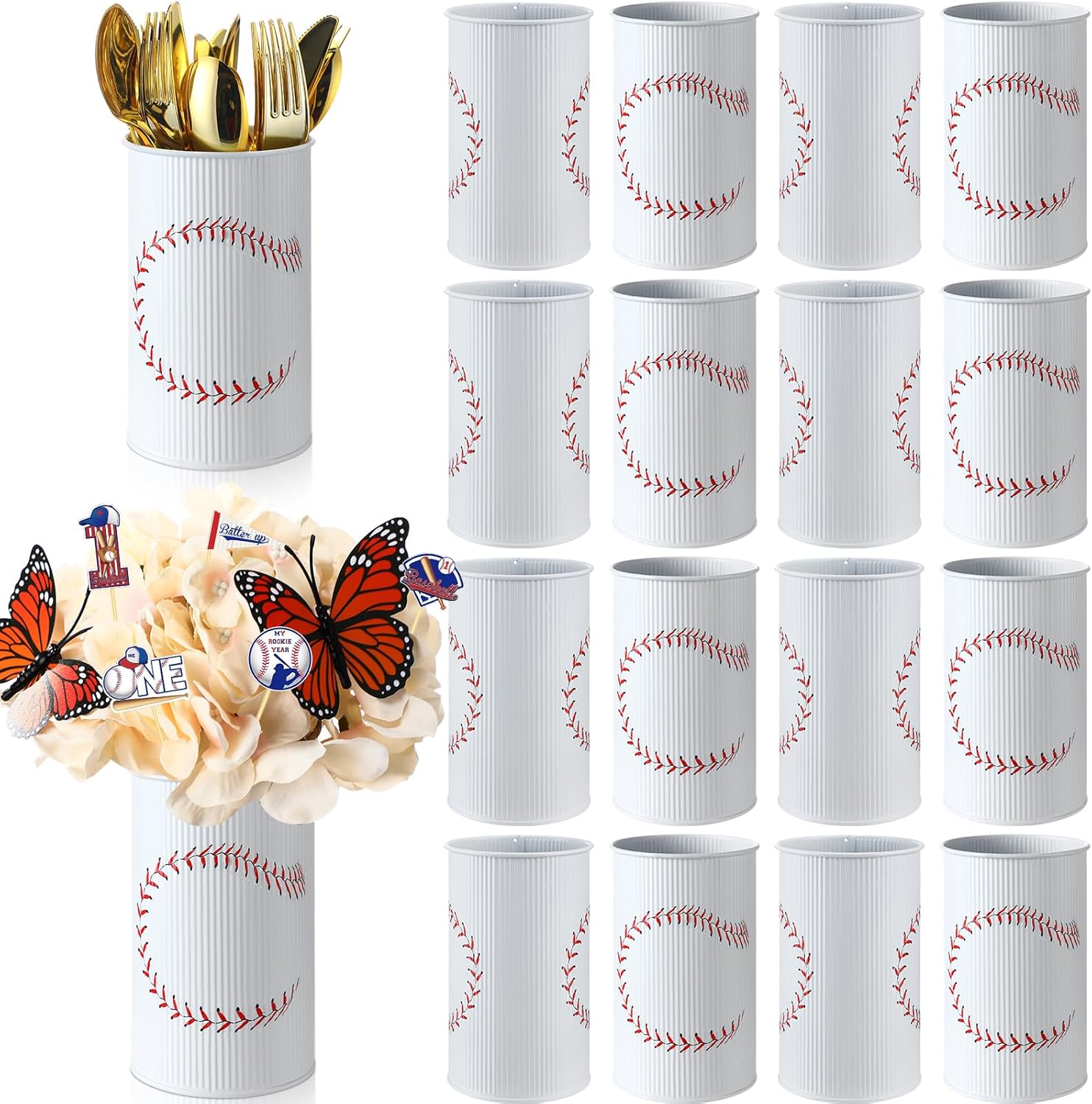 Domensi 12 Pcs Baseball Party Decorations Table Centerpiece Baseball Themed Vase Galvanized Metal Tin for Artificial Flowers Sports Utensil Holder for Kitchen Home Party Supplies