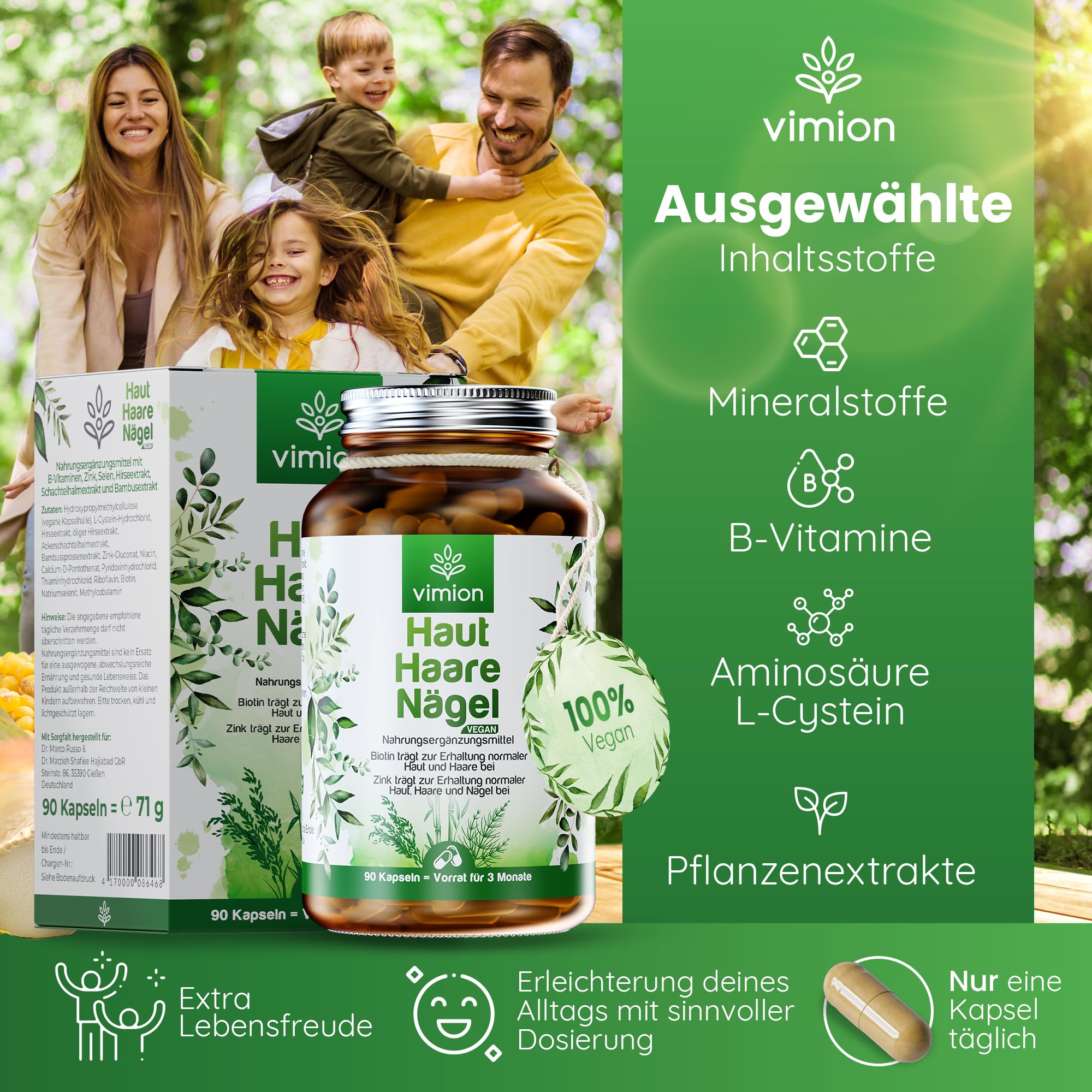 Haut-Haare-Nägel - 90 Kapseln - 100% vegan - mit Biotin, Zink, Selen, B-Vitamin-Komplex, L-Cystein sowie Silizium aus Bambus, Ackerschachtelhalm & Hirse – Vorrat für 90 Tage