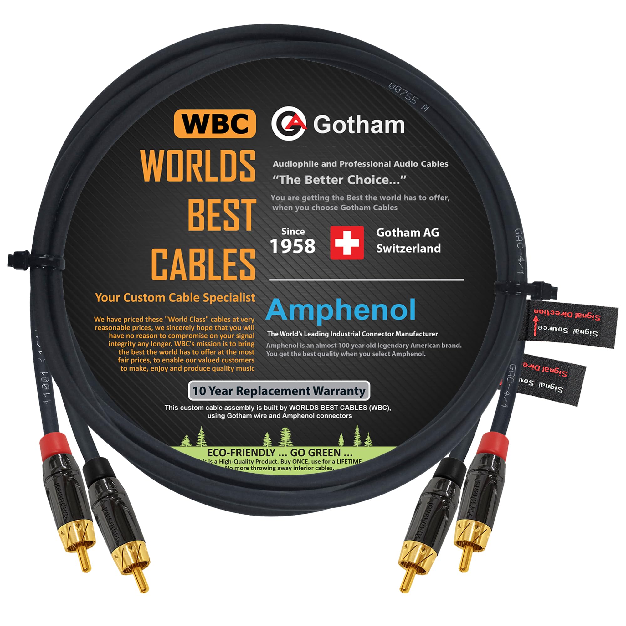 WORLDS BEST CABLES3 Foot RCA Pair - Gotham GAC-4/1 (Black) Star-Quad Audio Interconnect with Amphenol ACPL Black Chrome Body Gold Plated RCA Connectors - Directional