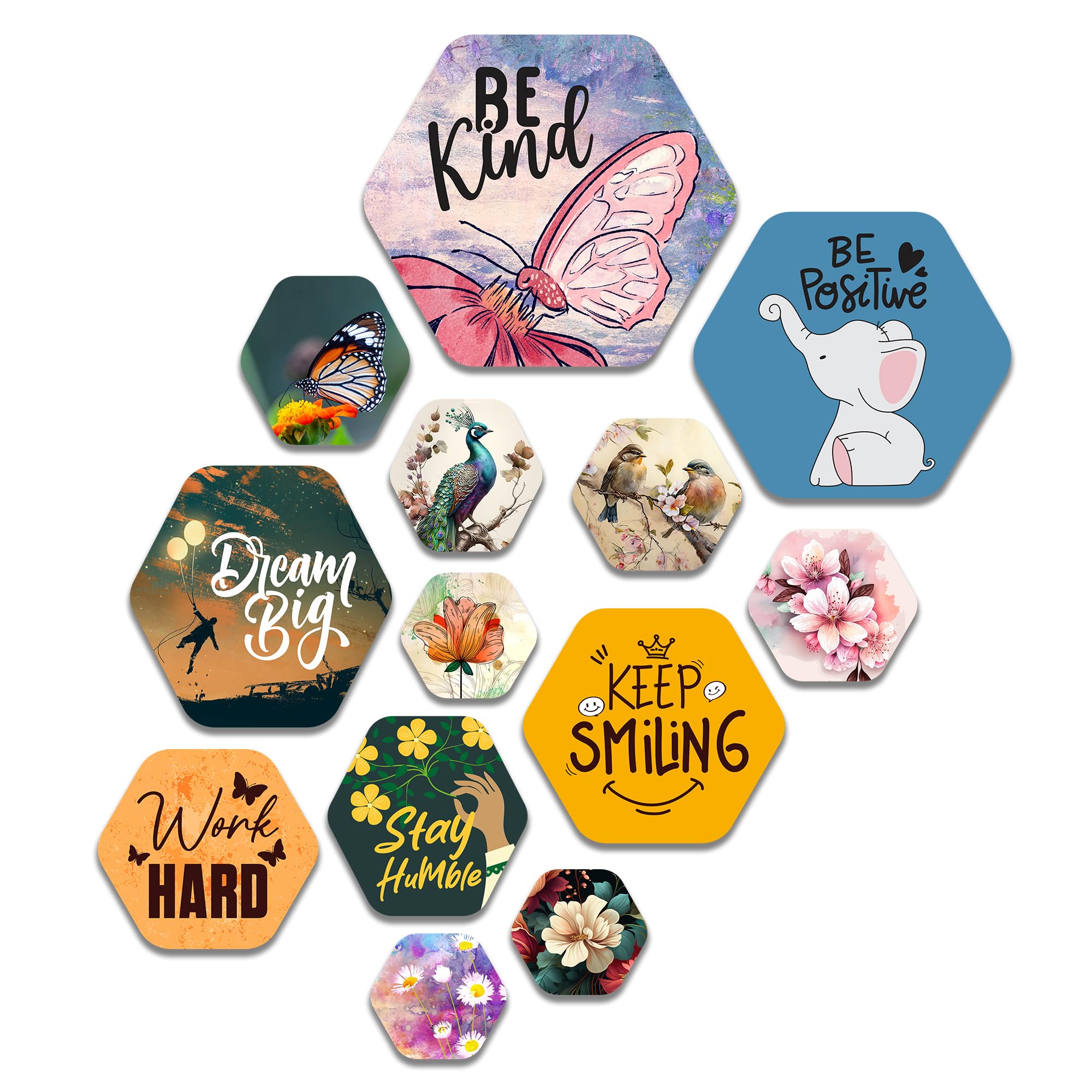 Artvibes Designer Wooden Wall Hanging Decoration for Home | Office | Living Room | Ideal Gifts | Stylish Hexagon Wall Decorative Artwork Items for Hall | Quotes Decor Item (WPS_214N) Pack of 13 Pieces