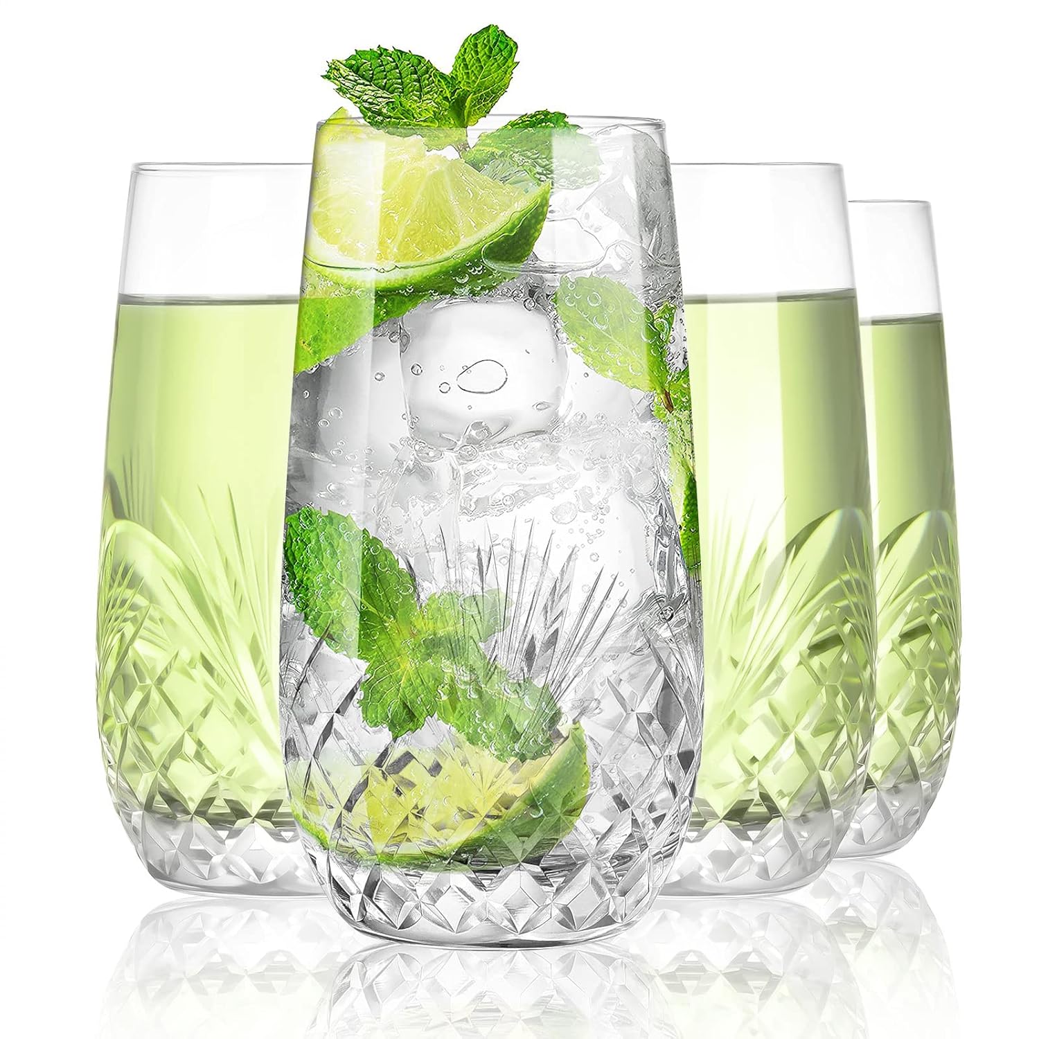 SHOSHIN Hand Cut Highball Glasses Crystal Set of 4 17Oz - Elegant Water Juice Drinking Glasses Everyday Beverage