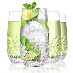 SHOSHIN Hand Cut Highball Glasses Crystal Set of 4 17Oz - Elegant Water Juice Drinking Glasses Everyday Beverage