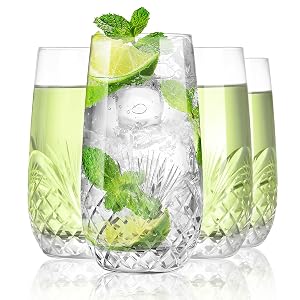 SHOSHIN Hand Cut Highball Glasses Crystal Set of 4 17Oz - Elegant Water Juice Drinking Glasses Everyday Beverage