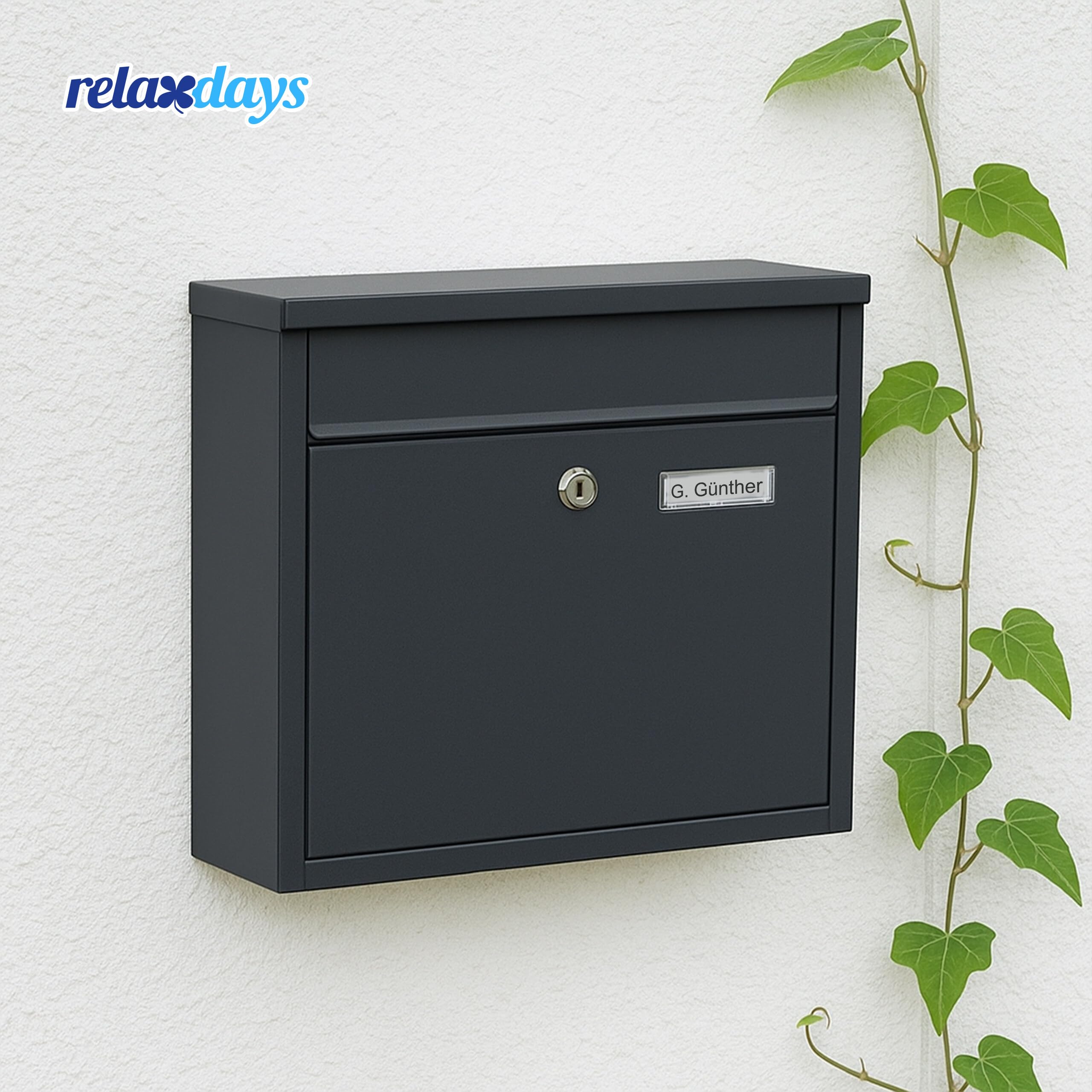 Relaxdays Briefkasten mit Namensschild, HxBxT: 31 x 36 x 12 cm, Eisen, 4 Schlüssel, Postkasten Querformat, anthrazit