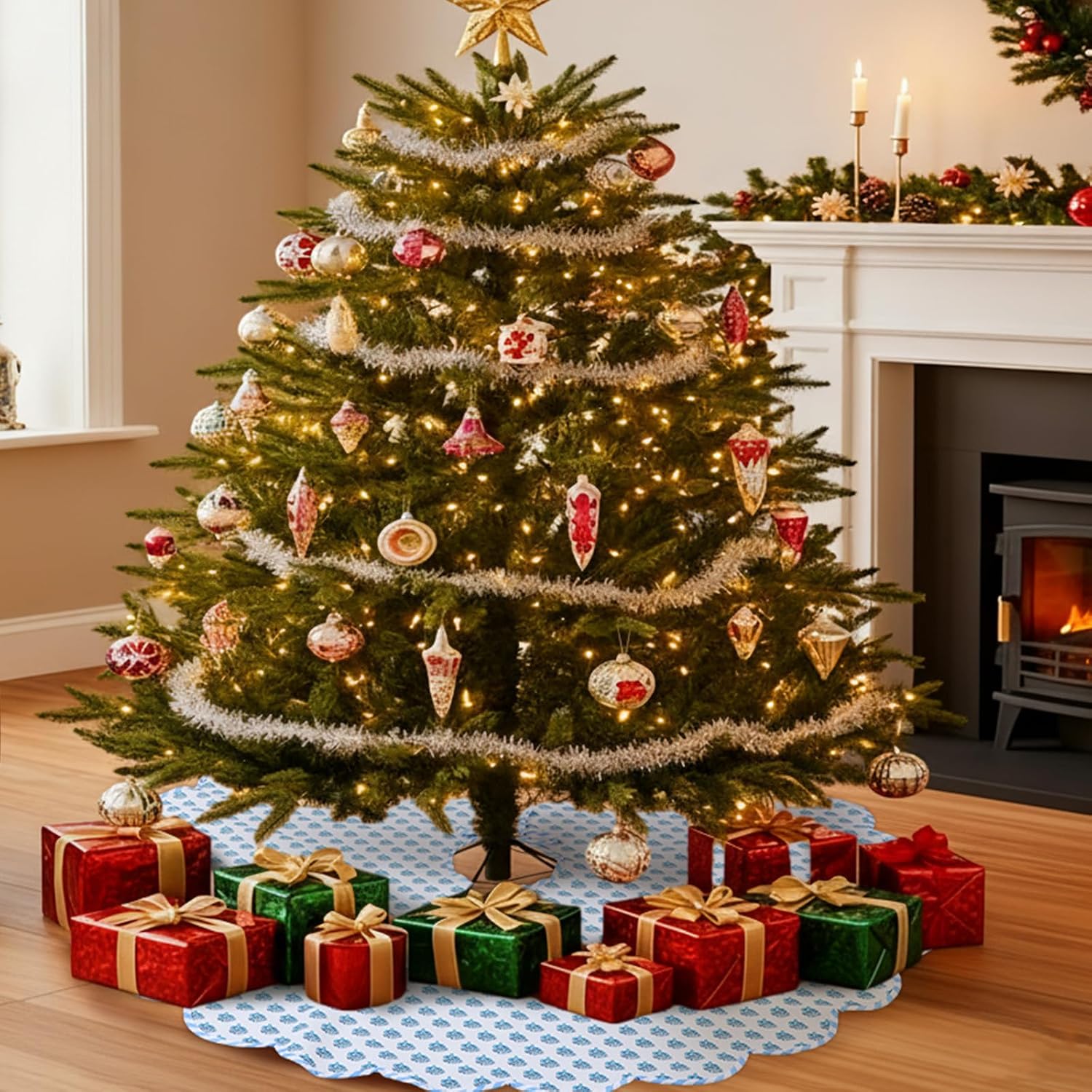 MiniInflat Christmas Tree Skirt Cotton Floral Block Tree Skirt in Nature Color for Home Xmas Party Seasonal Holiday Decoration Indoor Outdoor(48 Inch,Blue and White)