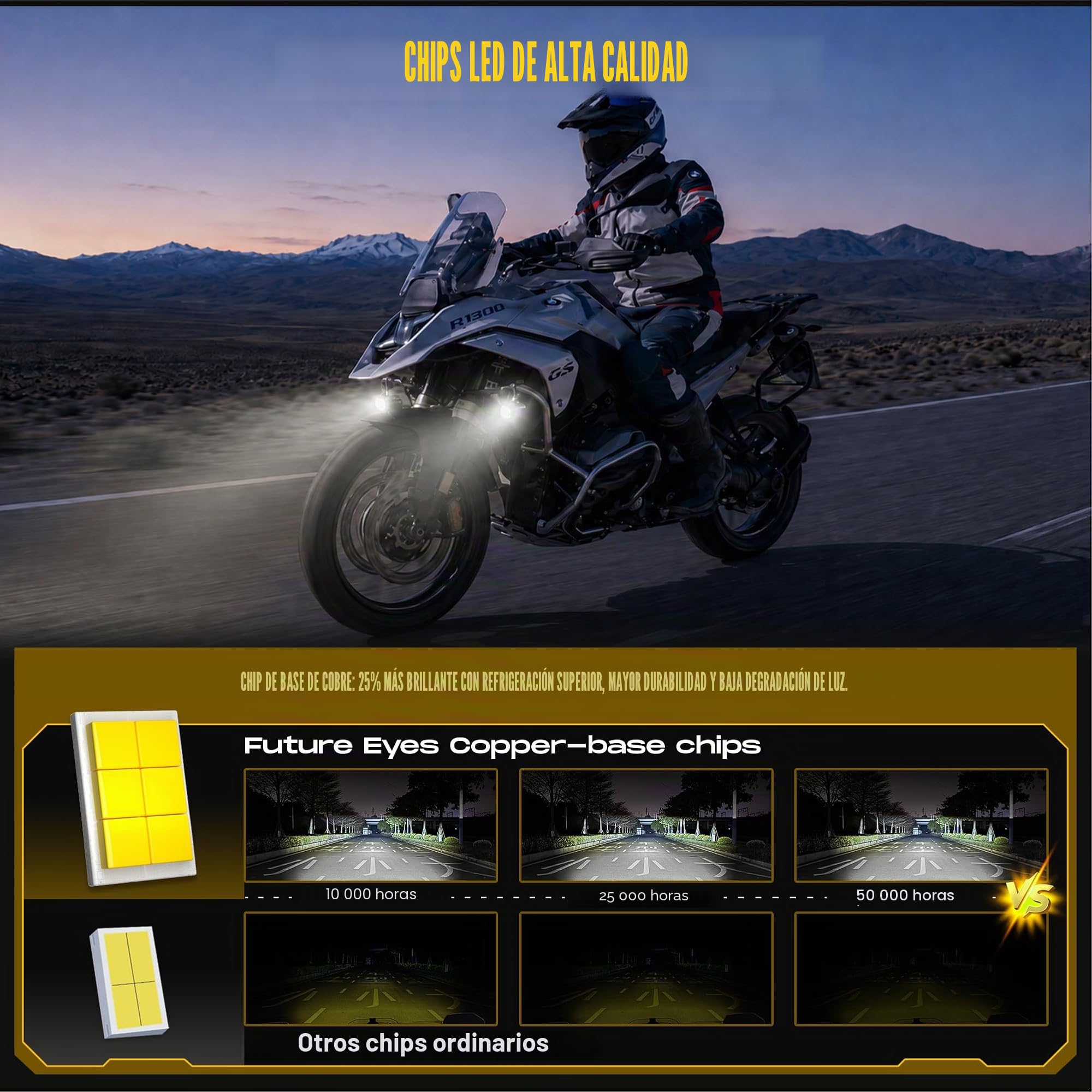 Future Eyes Faros LED Moto 6000LM 60W, Luces Homologadas ECE E-Mark E57, Faros Auxiliares Antiniebla IP67, Luces Exploradoras, Faros Potentes Anti-deslumbramiento 360°