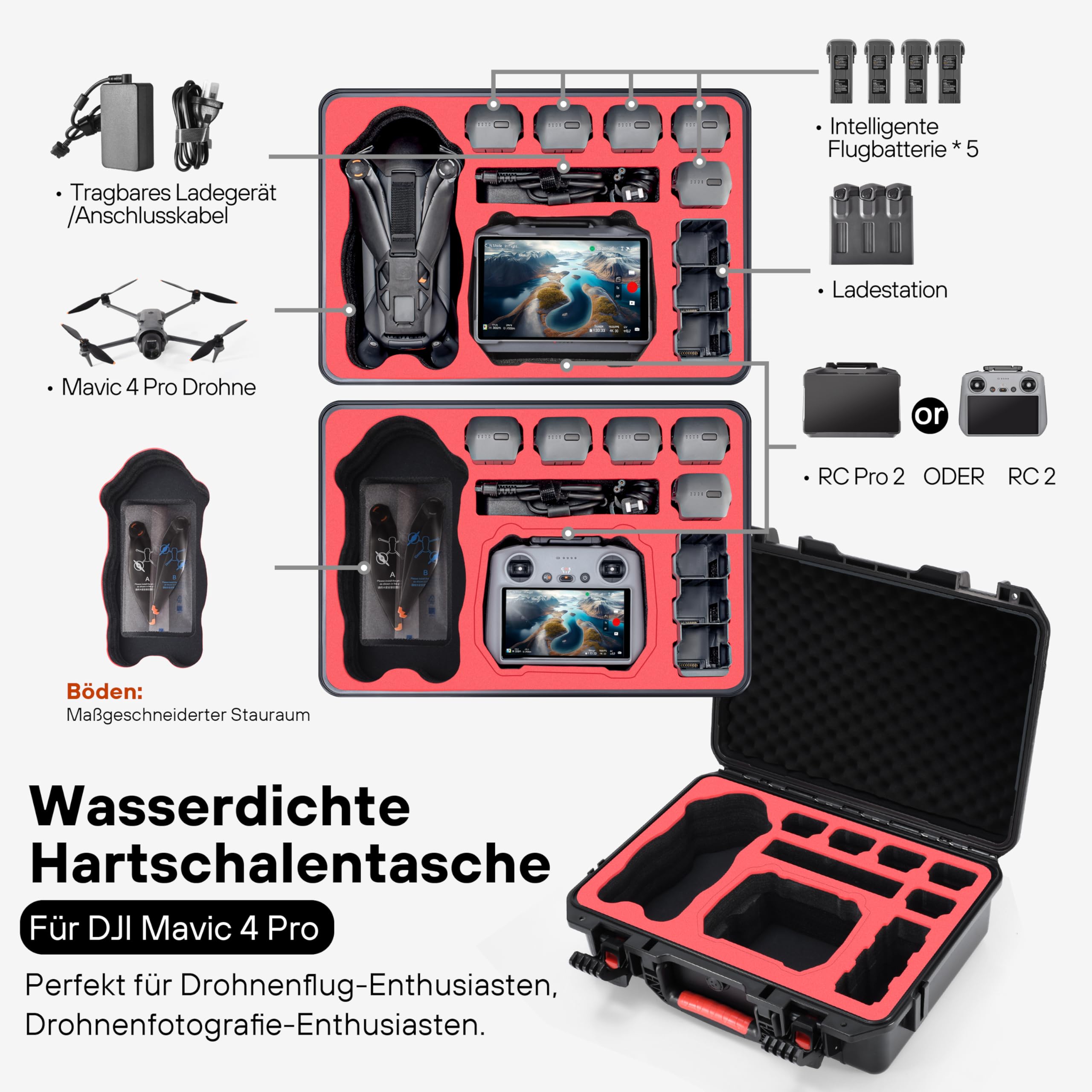 Wasserdichter Hartschalen Koffer für DJI Mavic 4 Pro Fly More Combo | Aufbewahrungsbox für DJI RC 2/ RC Pro 2, bis zu 9 Akkus, Ladestation, Filter und weiteres für Drohnenzubehör (nur Koffer)