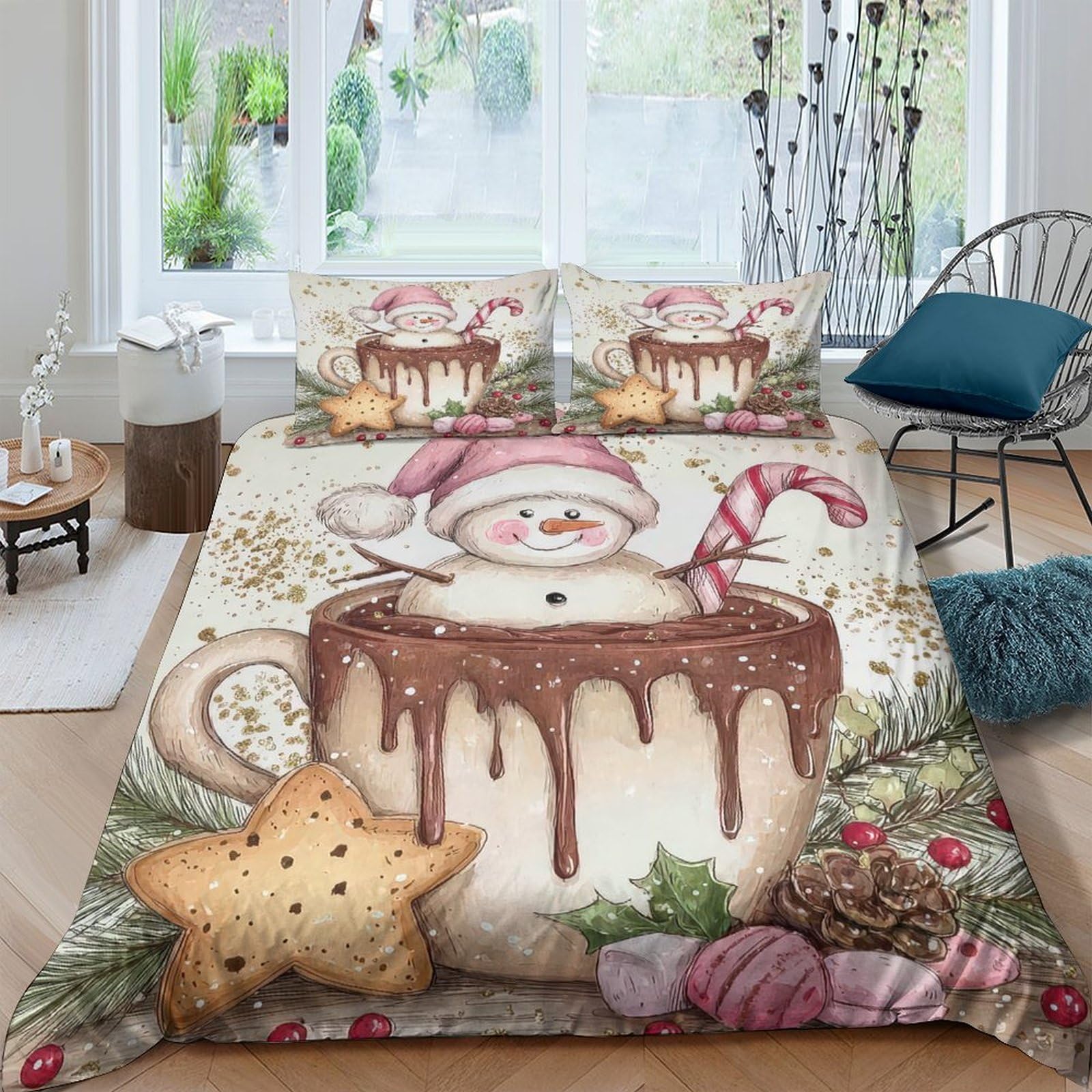 Ctjqhvkz Style-5 3D Printed Snowman Hot Chocolate Fitted Sheet Microfiber Soft Anti-Slip Christmas Cookie Bed Cover For Bedroom Guestroom Decor Single（135X200cm）