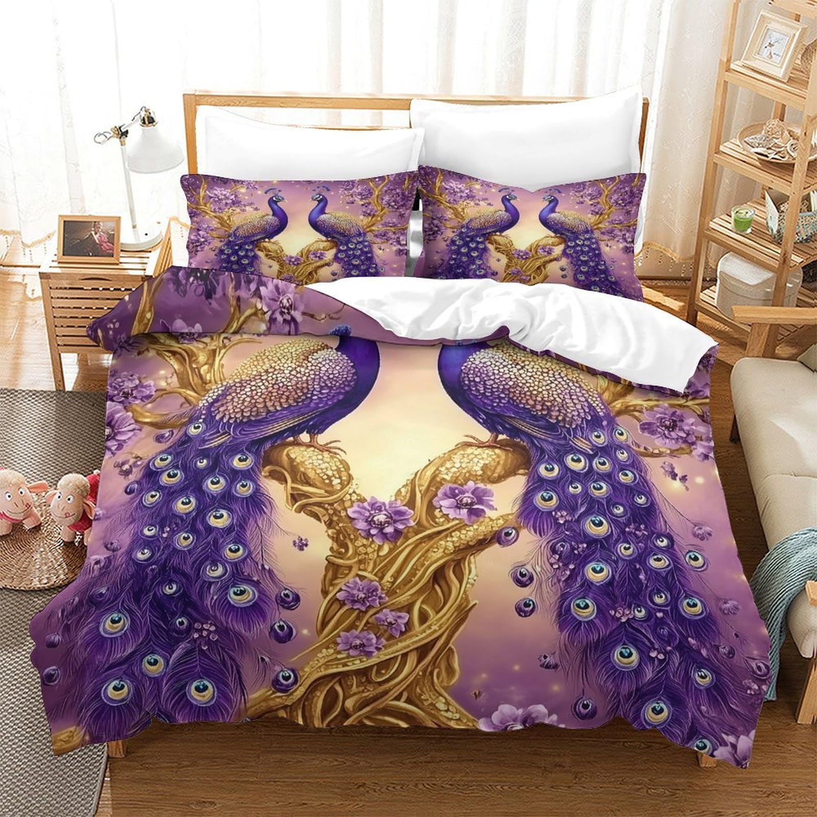 Purple Peacocks Set Di Copripiumino morbida microfibra 3 Pezzi stampa 3D con federa Fantasia Set Di Copripiumino cerniera ariosa morbido for ragazze King（220x240cm）