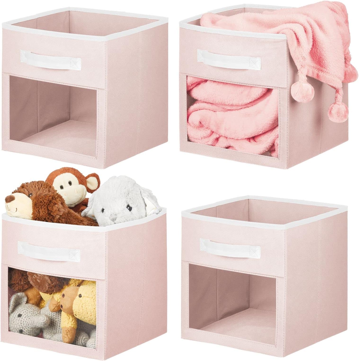 mDesign Fabric Nursery/Playroom Closet Storage Organizer Bin Box with Front Handle/Window for Cube Furniture Shelving Units, Hold Toys, Clothes, Diapers, Bibs, Jane Collection, 4 Pack - Pink/White