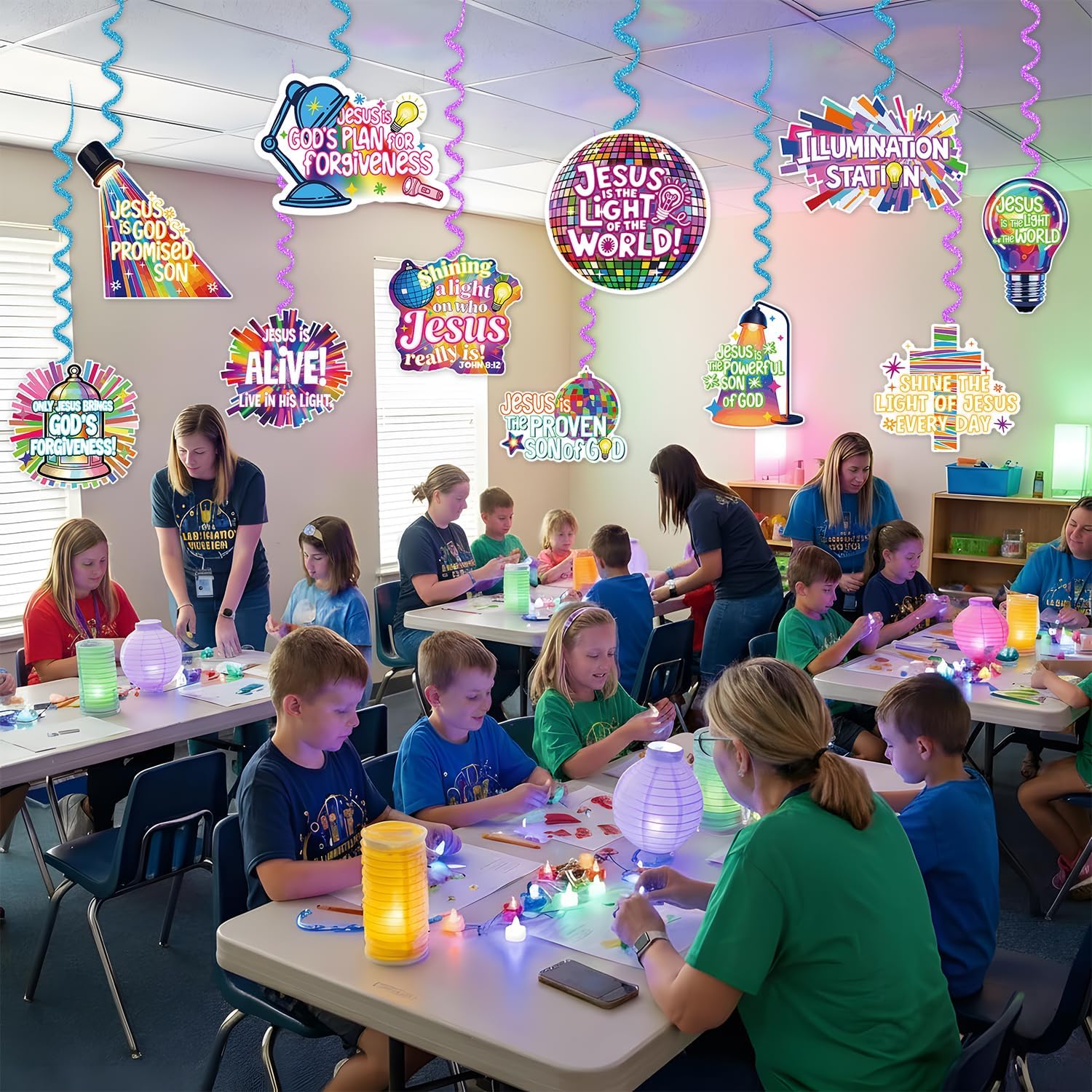 VBS 2026 Decorations Banner Set NO-DIY Jesus is The Light of The World Banner and Christian Hanging Swirls Religious Sunday School Classroom Decor for Vacation Bible School Church Party Supplies