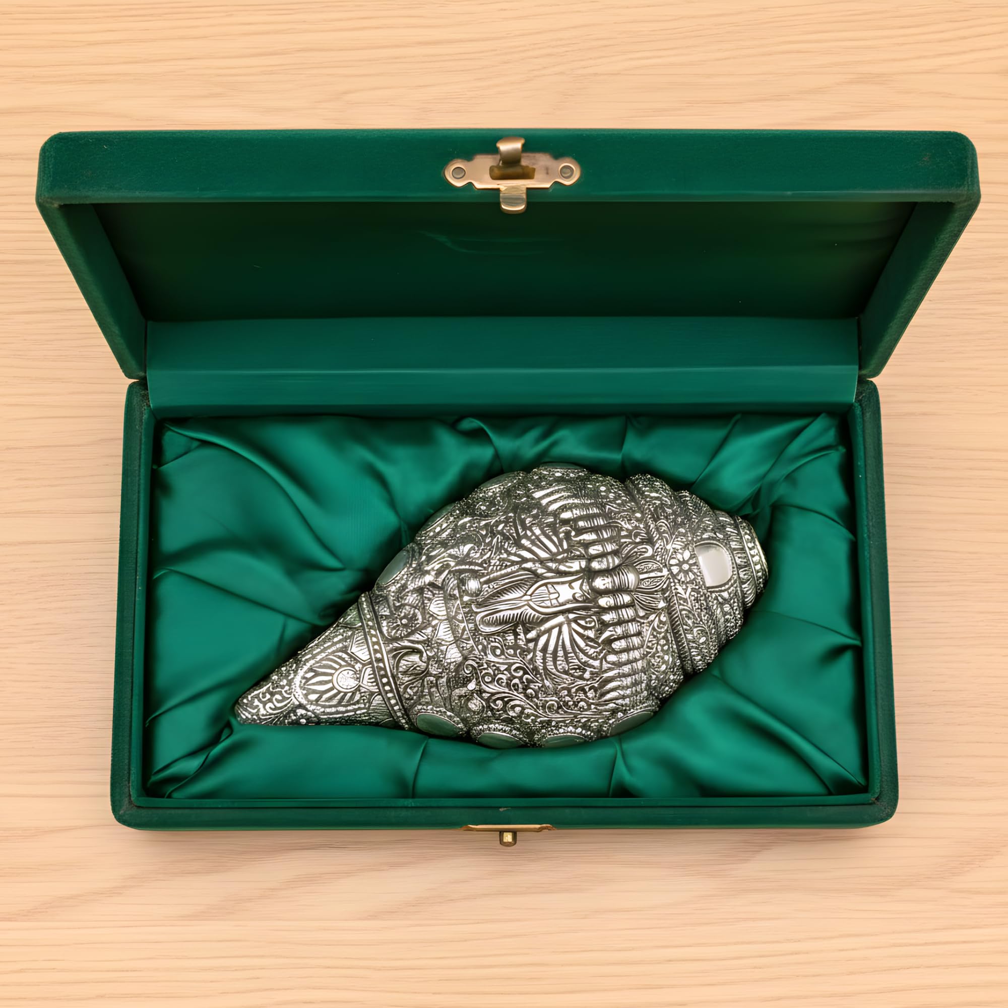 Dev Aastha Silver Plated Virat Roop Vishnu Shankh - 8.5 Inches Antique Finish Decorative Conch Shell with Detailed Religious Engravings - Vastu Pooja Item for Home Mandir - Symbol of Wealth and Luck