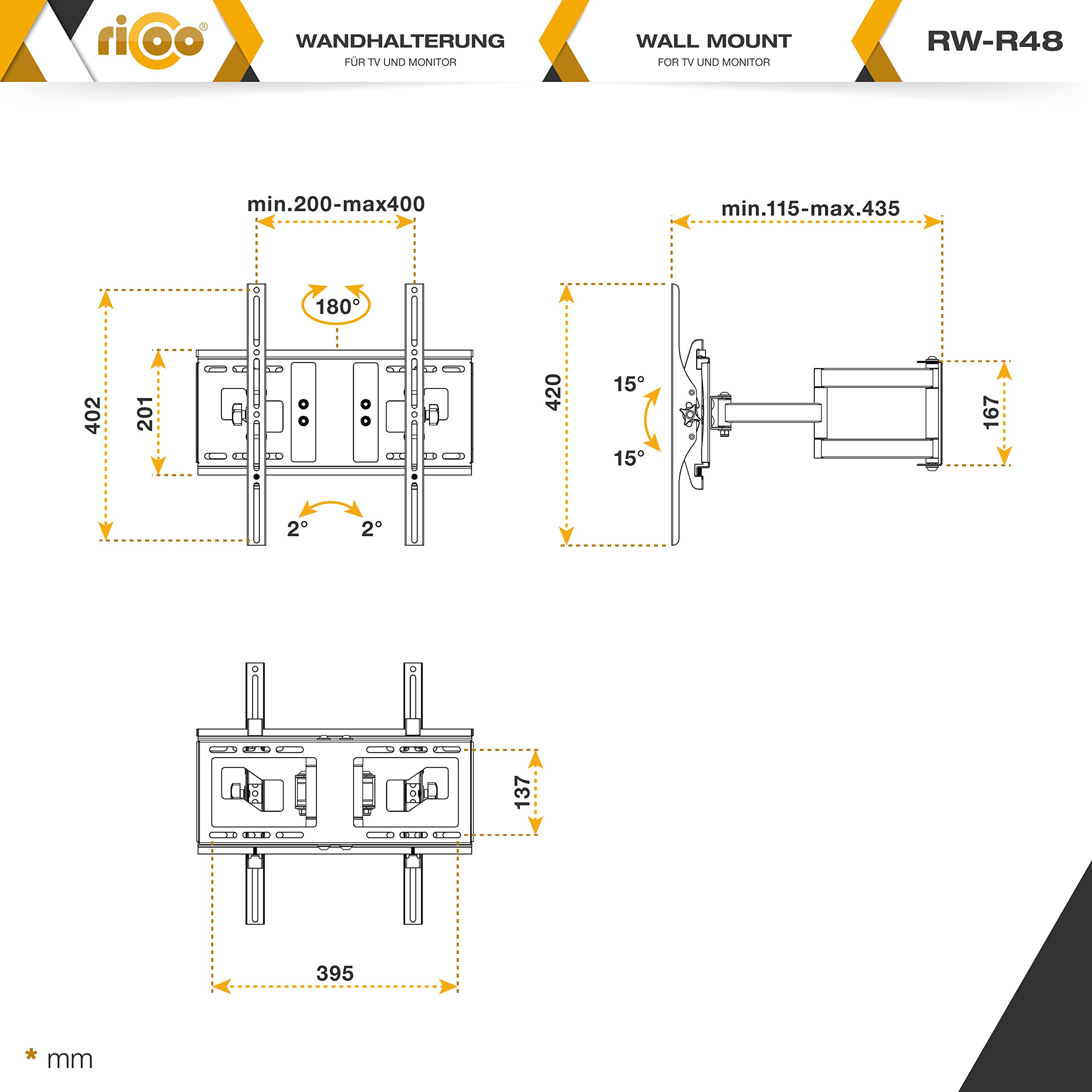 RICOO Soporte TV Pared Giratorio Inclinable Televisión 32-65" (81-165cm) R48 Brazo articulado Televisor LED/LCD/Curvo VESA 200x200-400x400