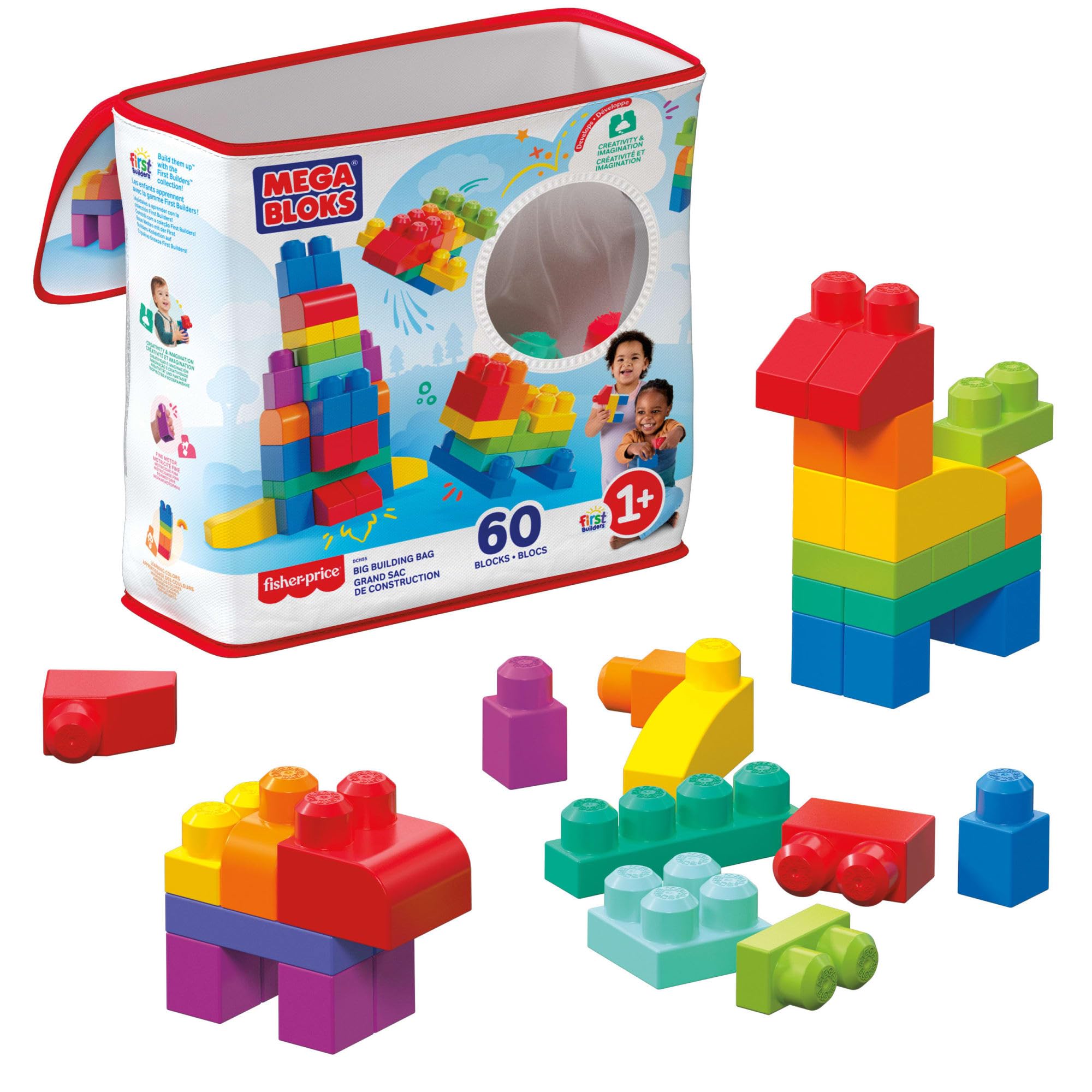 MEGA BLOKSBig Building Bag Building Set With 60 Big And Colourful Building Blocks, And 1 Storage Bag, Toy Gift Set For Ages 1 And Up