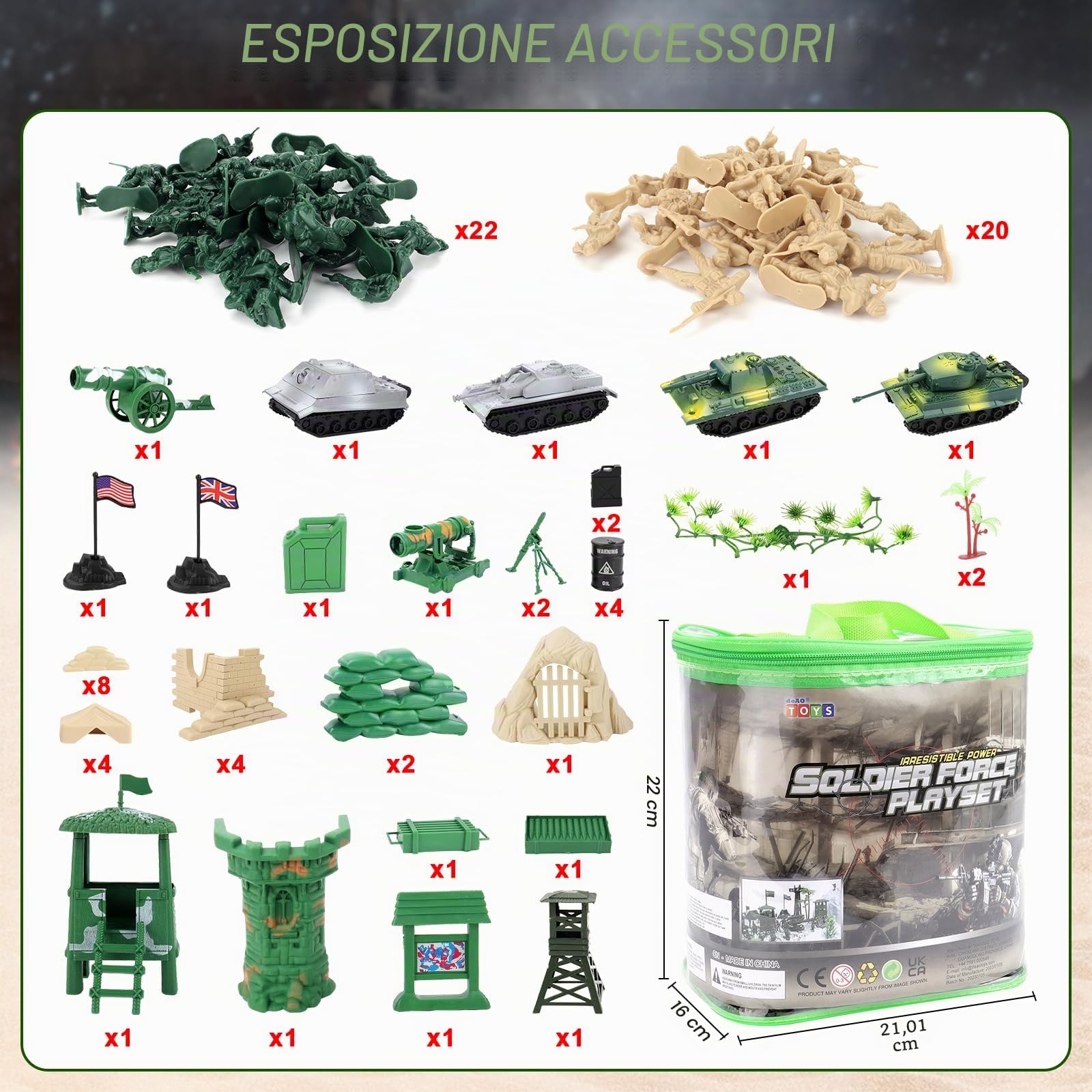 deAO Set di Gioco Militare da 100 Pezzi con Soldati in Miniatura; Personaggi Militari; Serbatoi; Aerei; Bandiere; Accessori per Trasporto e Combattimento