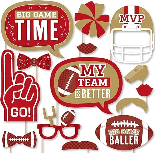 Big Dot of Happiness The Big Game  Rojo y dorado  Kit de accesorios para cabina de fotos de fiesta de fútbol, 20 unidades