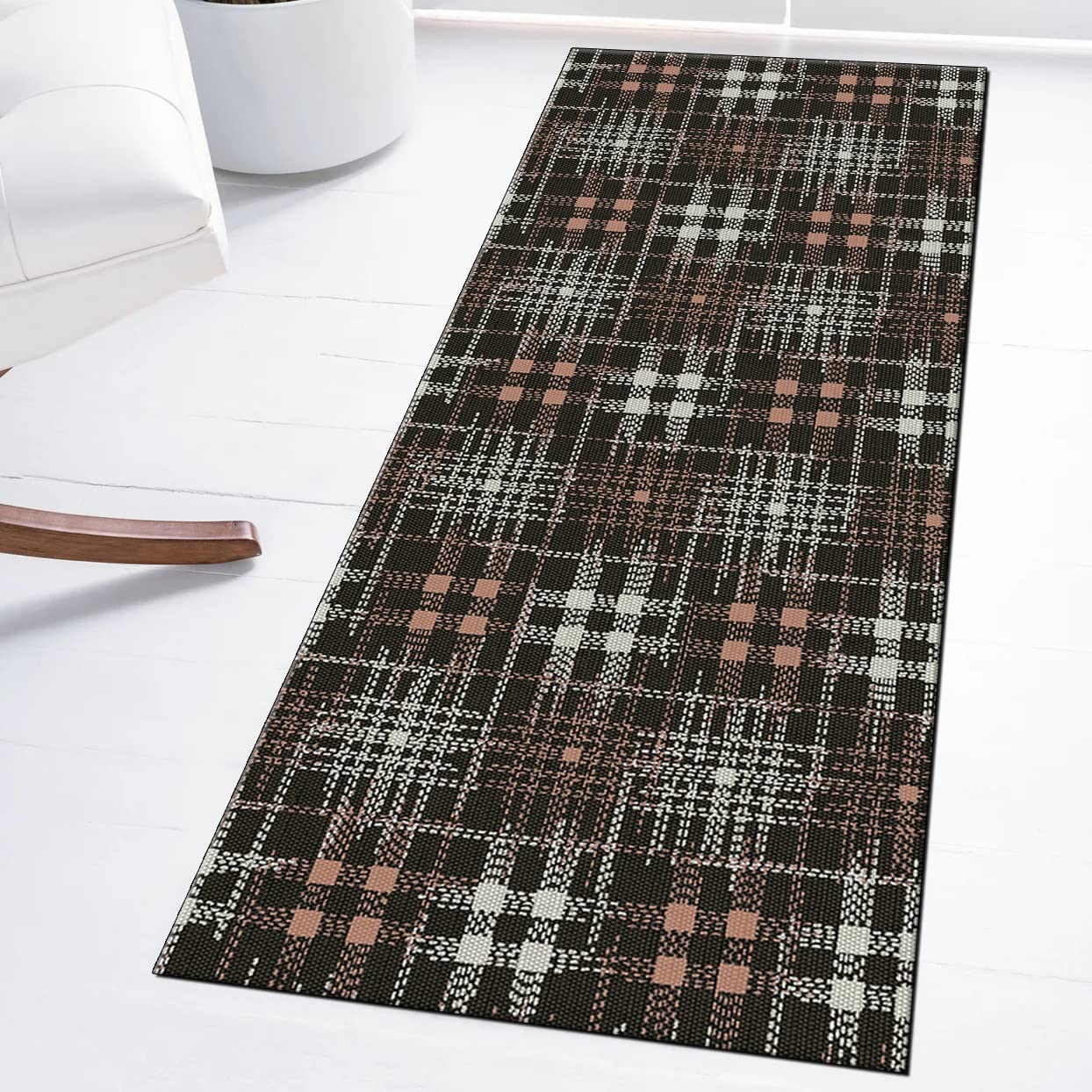 Przedpokój nowoczesne chodniki dywan 80 x 350 cm tartan czarny brązowy dywan mata antypoślizgowy zmywalny chodnik do kuchni sypialni korytarza schody drzwi z możliwością personalizacji