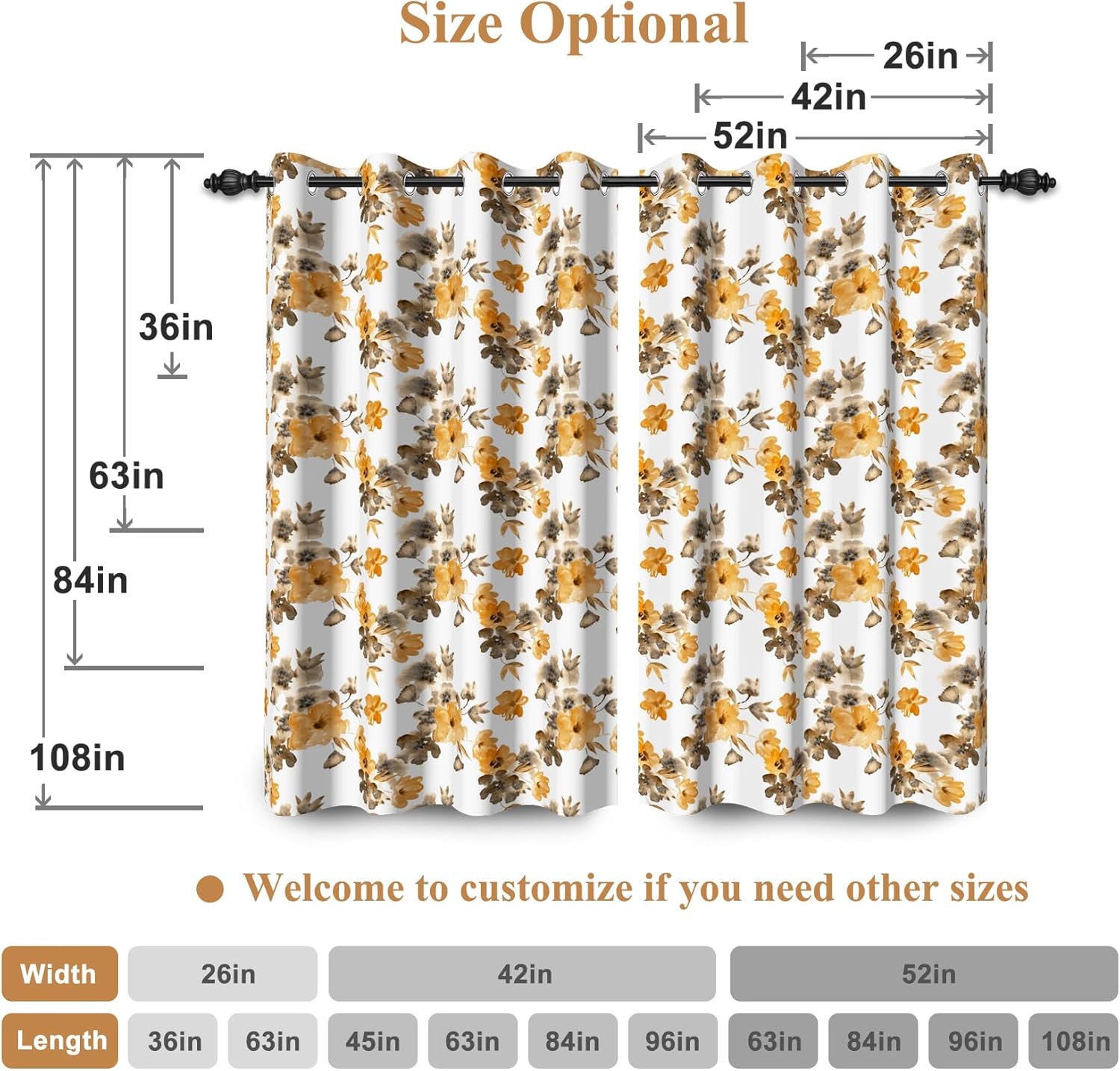 Renaiss 42 x 84 Inch Floral Blackout Curtains for Living Room Linen Orange Tan Flower Fall Curtain Light Filtering Privacy Grommet Curtain Farmhouse Country Vintage Window Treatment Drapes 2 Panels