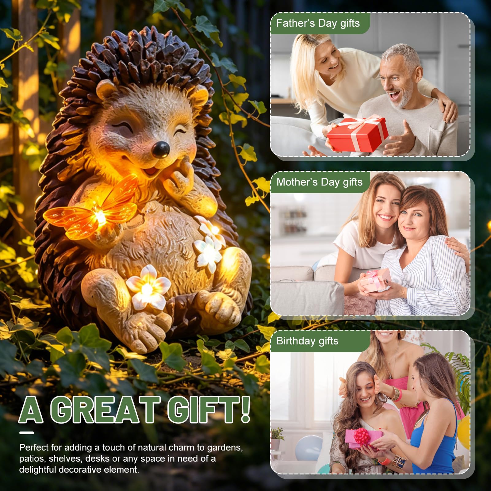 Nexoria Solar Igel Gartenfiguren mit Blumen Gartendeko für Draußen Wetterfest Igel Deko mit Led Lichter Solar Igelfigur mit Schmetterling Gartenleuchte Solarlampe für Garten Balkon (A)