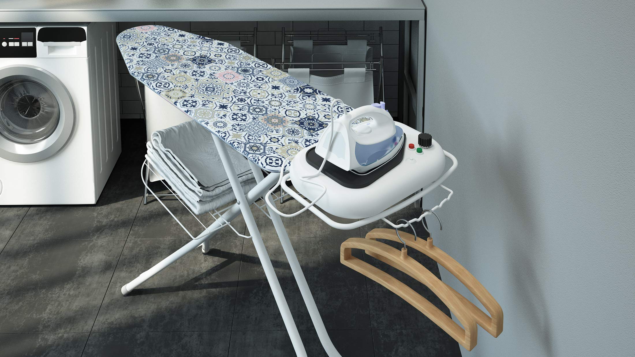 Colombo | Stella Asse da Stiro 120x124cm Porta Caldaia 10kg Portabiancheria | Tavola da Stiro Pieghevole Altezza Regolabile Max 95cm | Copri Asse da Stiro in Cotone Biologico | Made in Italy