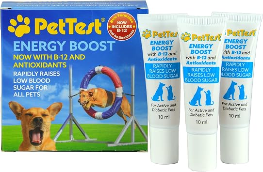 PetTest Energy Boost Glucose SOS 3x10ml Tubes for Pets, Instantly Increases Low Blood Sugar with B12 and Antioxidants, Fast Acting, Meat Flavoured, Rapid Recovery for Active or Diabetic Dogs & Cats