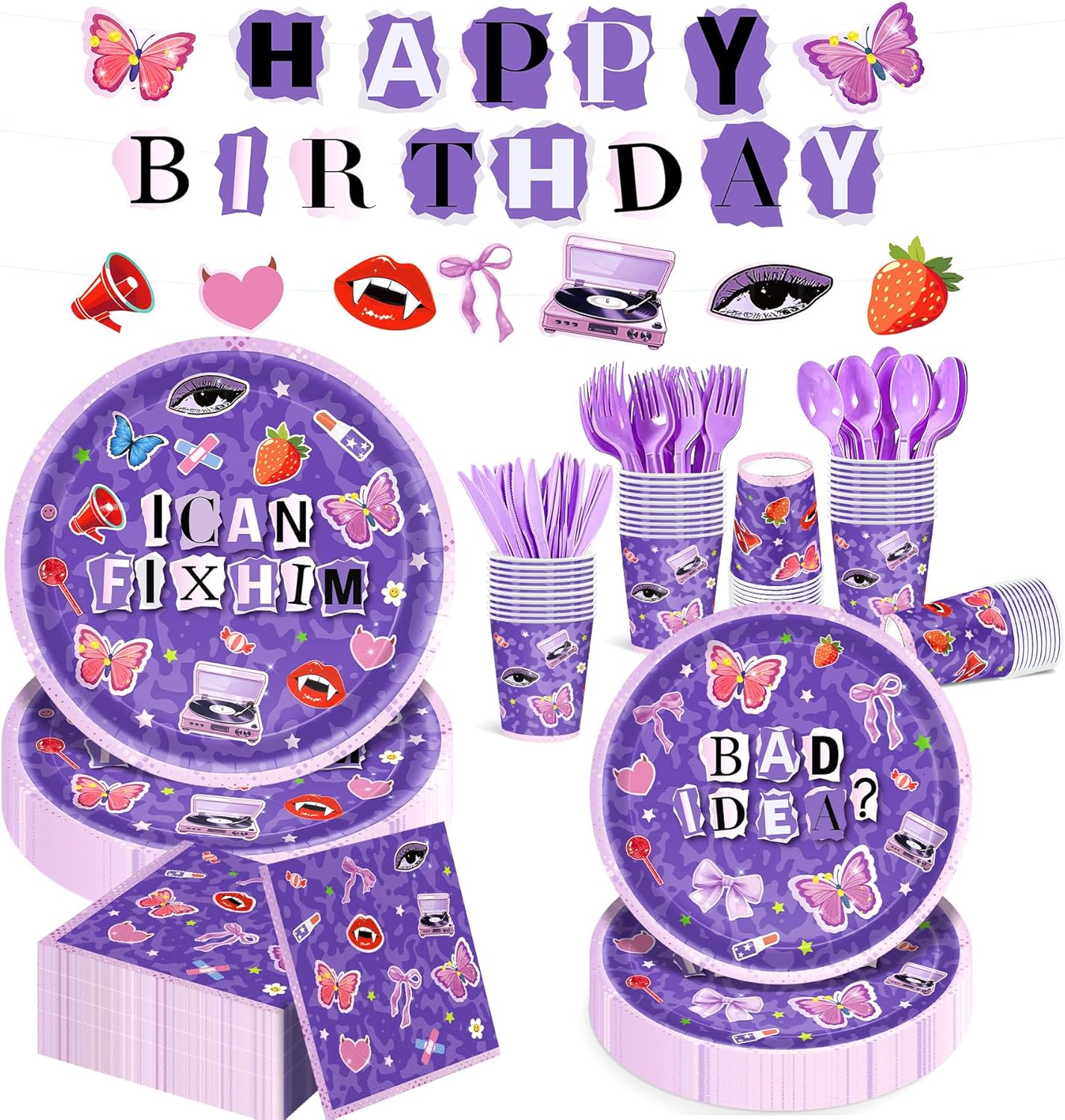 169Pcs Purple Music Birthday Decorations Pop Star Party Decorations Purple Birthday Plates Napkins Cups Banner Cutlery, Purple Party Supplies, Serves 24
