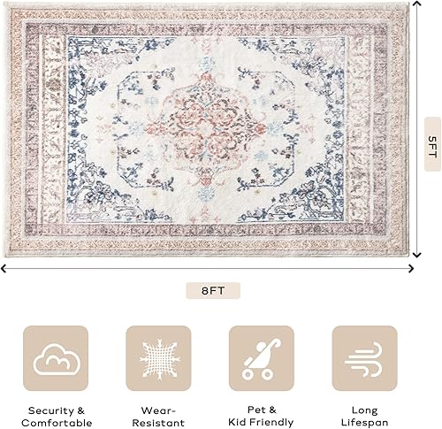 Miniatura 2 de Ashler - Alfombras bohemias vintage de 5 x 8 pies para sala de estar, lavables a máquina con parte trasera antideslizante, alfombra para interiores