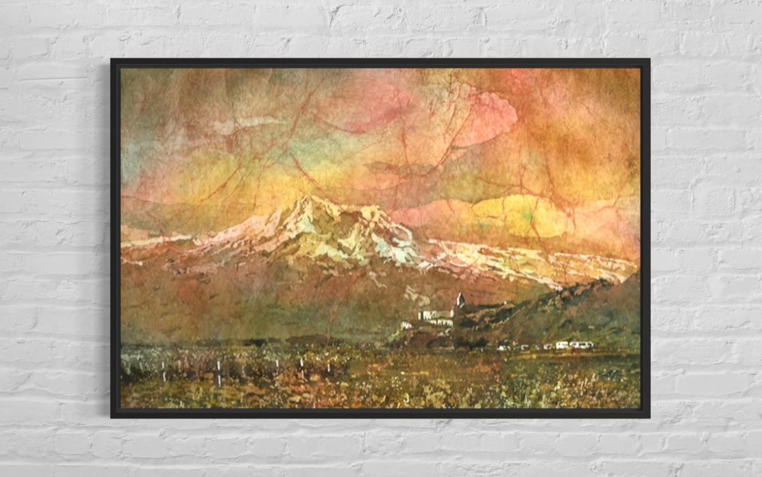 Armenian Landscape Watercolor Art Print, Mount Ararat with Khor Virap Monastery Scene, Handmade Batik Style Wall Decor