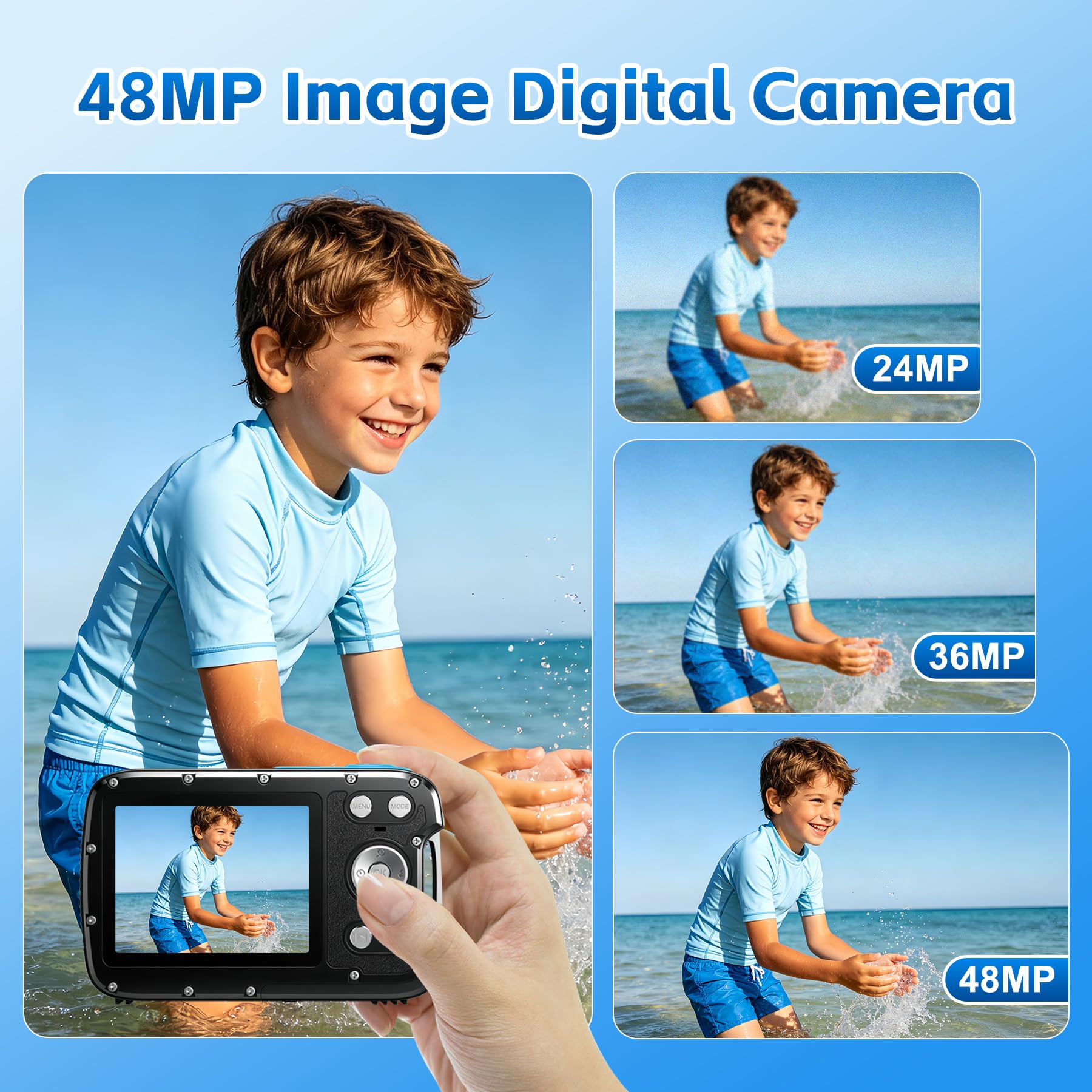 Fotocamera subacquea 4K 17FT Fotocamera impermeabile con scheda da 32 GB Autofocus da 48 MP Fotocamera subacquea per selfie a doppio schermo Fotocamera subacquea per snorkeling Fotocamera digitale