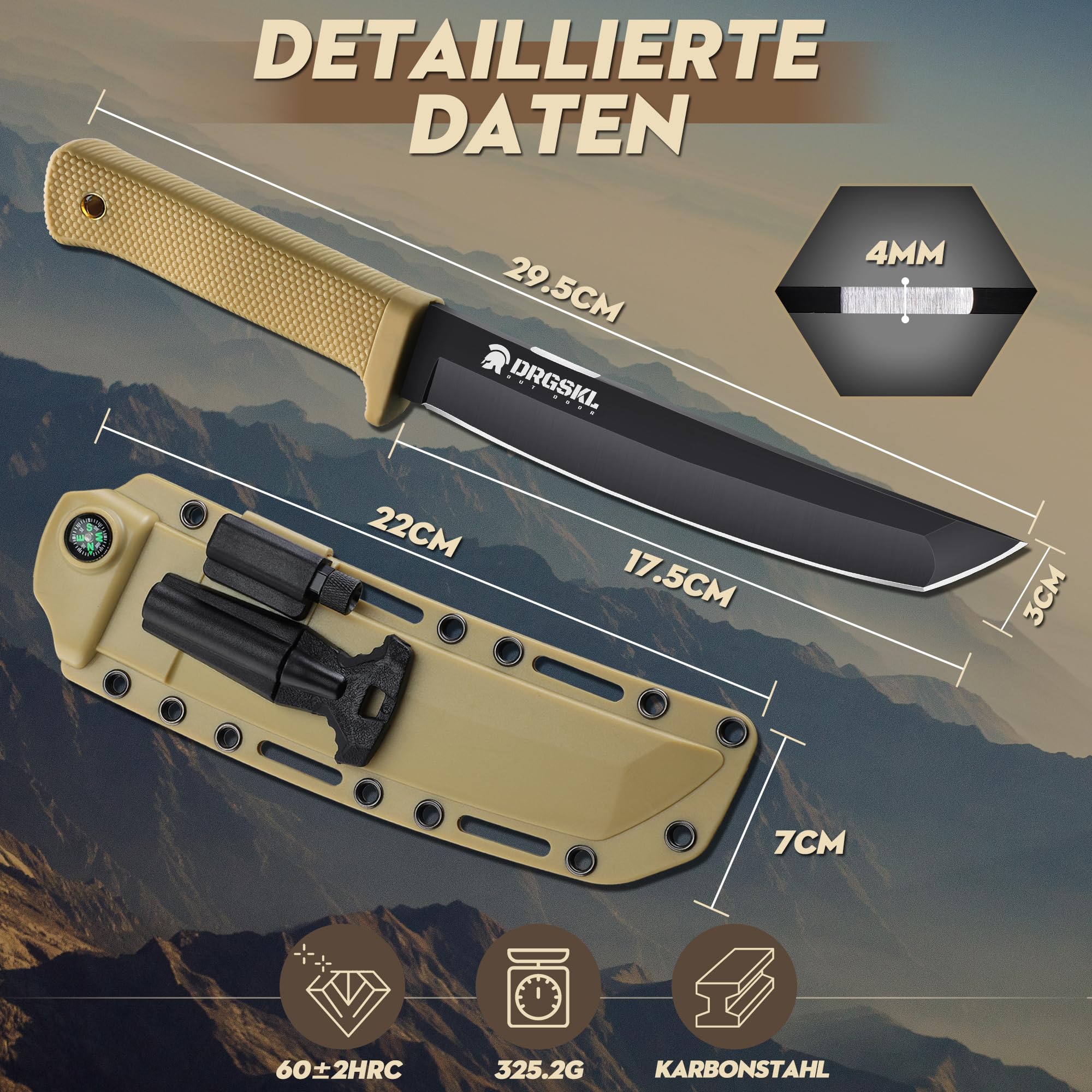 DRGSKL Recon Coltello Tanto Coltello Da Caccia Da Giungla Affilato Con Fodero in Kydex Coltello Da Esterno per Campeggio, Escursionismo Regali Di Natale per Uomini Giallo