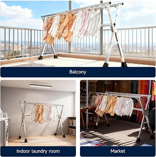 Miniatura 6 de MIKEE Tendedero de Ropa de 79 Pulgadas, Perchero de Secado de Ropa Plegable para InteriorExterior, Estante de Ropa Ajustable en Longitud, Ahorro de