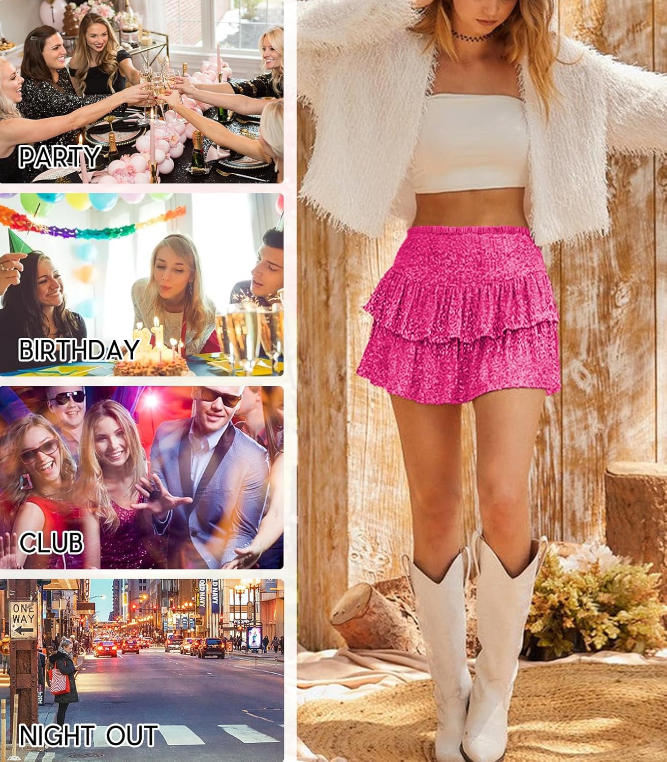 Women Sequin Skirt Sparkly Cute High Waist Ruffle Flowy Shiny Glitter Mini Short Skirts Night Out Club Party - Image 6