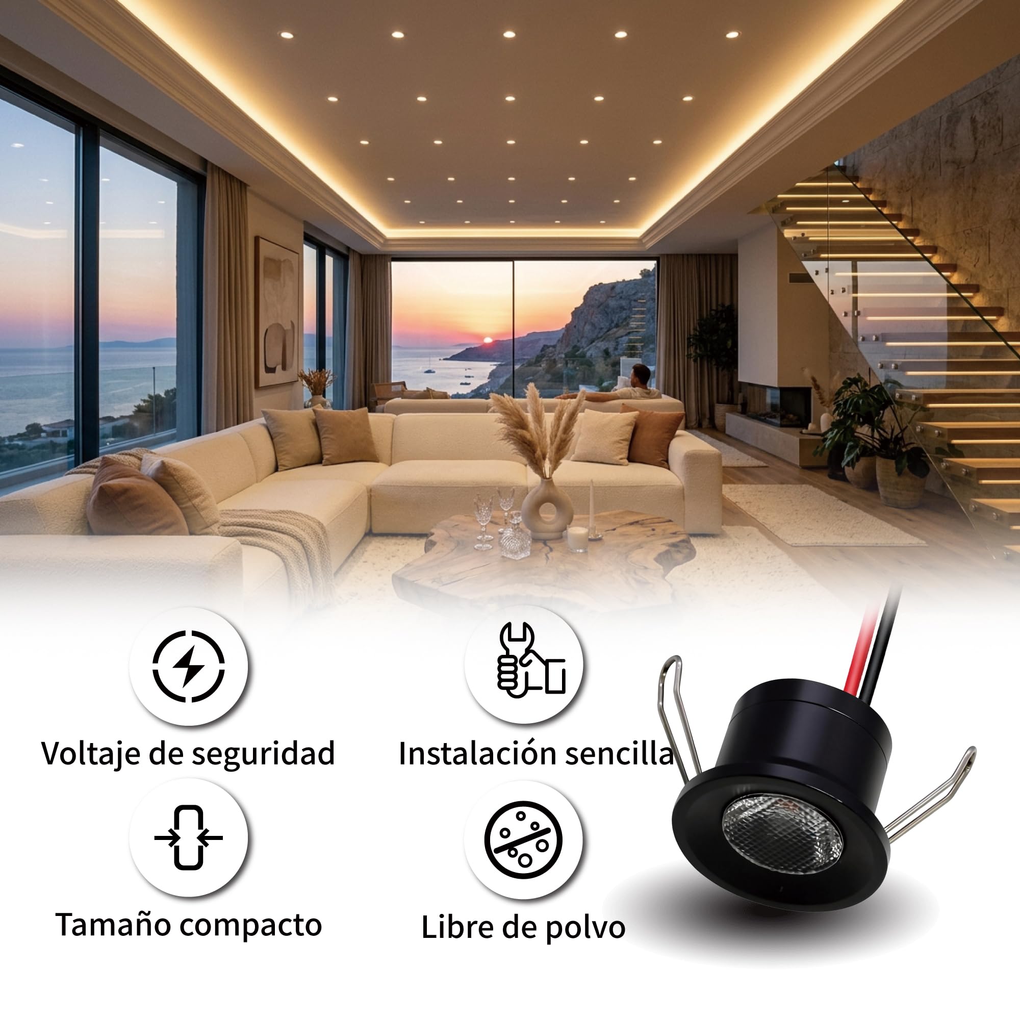 Mini Focos LED 2W 6uds DC 12V, IP65 Impermeable Foco Pequeño Empotrable Techo, 25mm Iluminación DIY para Muebles Cuadros Paredes Cocina Escaleras Vitrinas Pasillos (Negro Blanco Cálido)