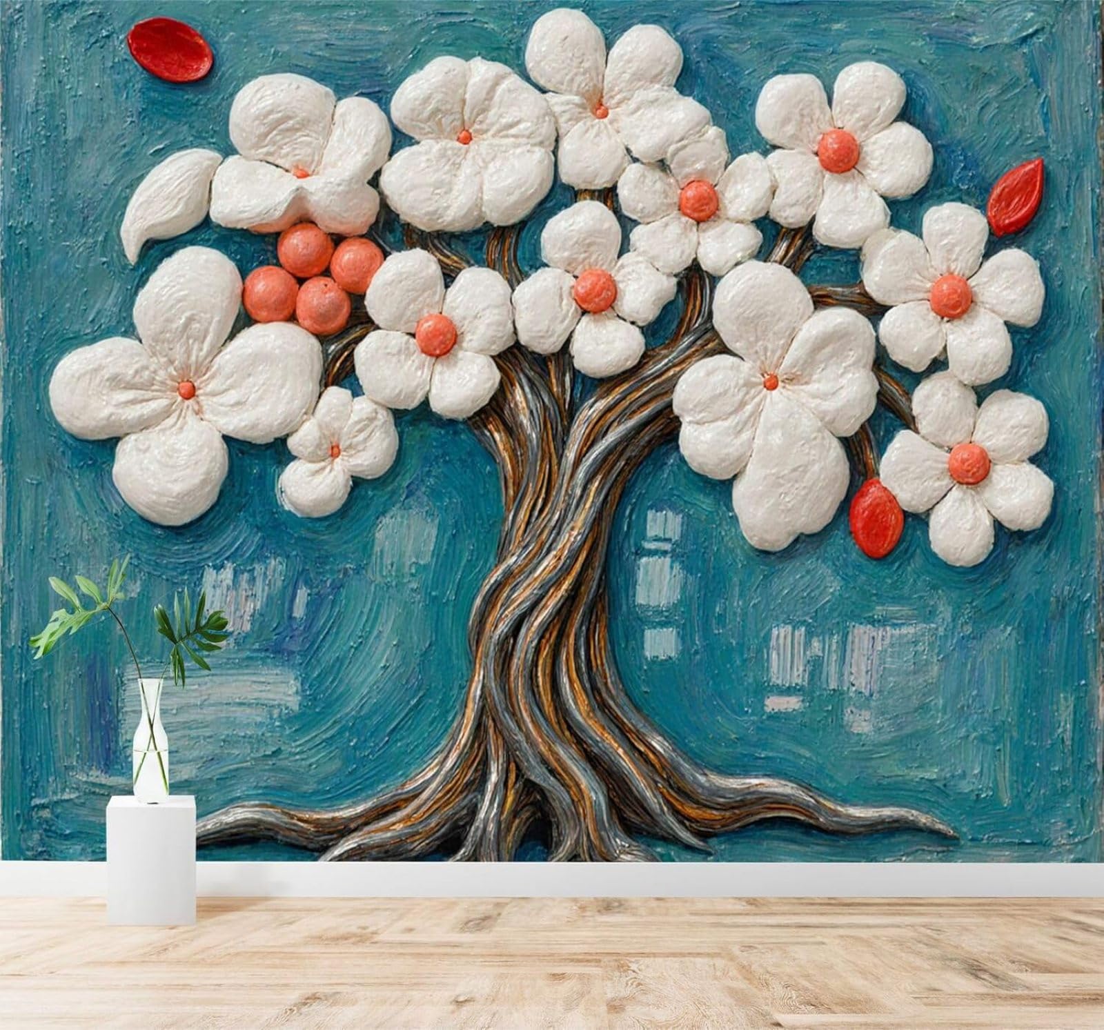 Tzxztt 400Cm×280Cm(B×H) White Flowers Trees Abstract Blue Texture Modern 3D Wallpaper Premium Textured Silk Neutral Tones Material Ideal For Living Room Bedroom-400Cm×280Cm