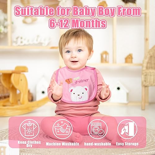 Miniatura 5 de Baberos impermeables de algodón para bebé, 24 unidades, ajustable, con cierre de velcro, para alimentar, dentición, babeo, 6-12 meses