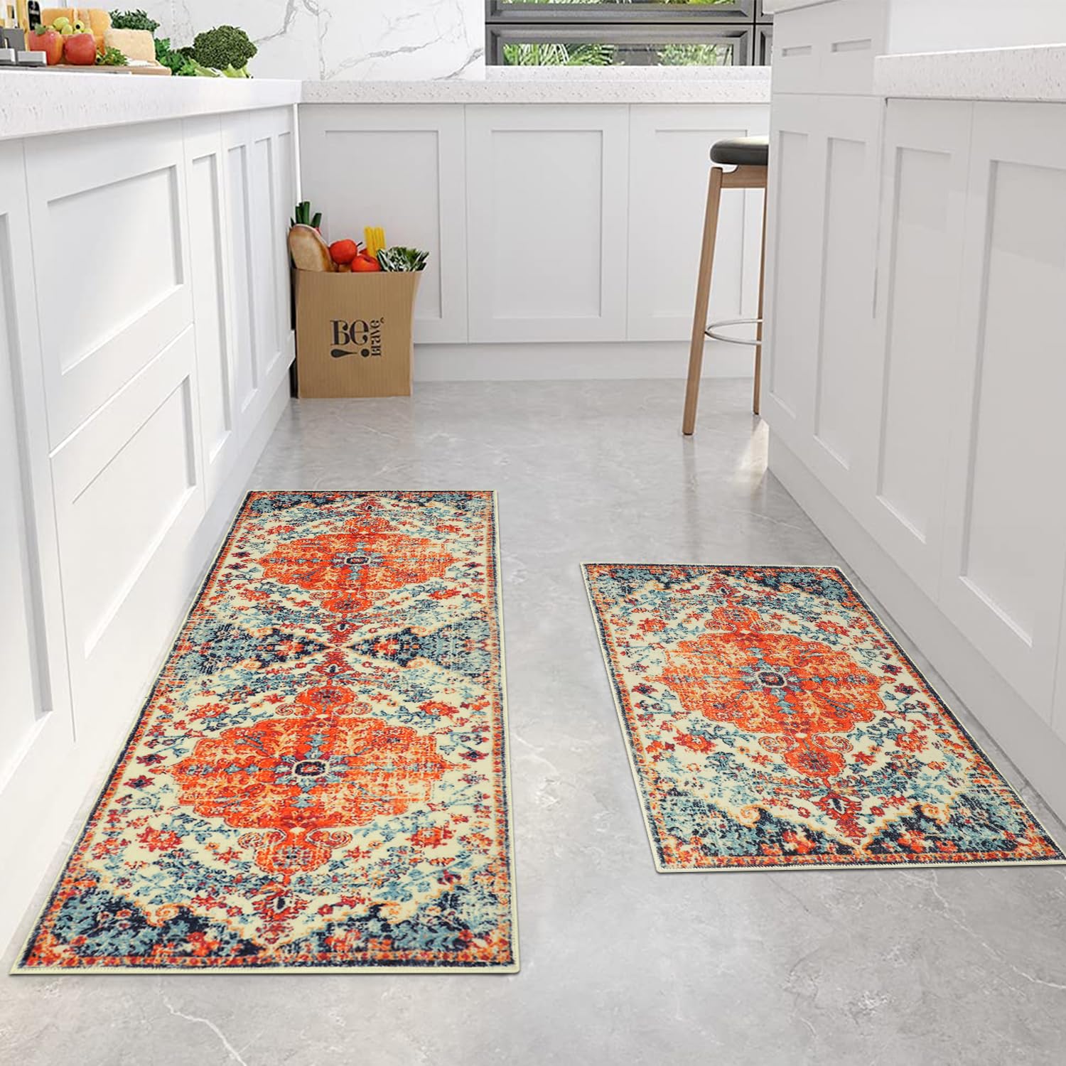 Cekene Oriental Kitchen Carpet Runners Non Slip Washable Kitchen Rug Runners Absorbent Boho Low Pile Floor Mat for Bedroom Entrance Laundry Room(50x80cm+50x120cm)OEKO-TEX STANDARD 100