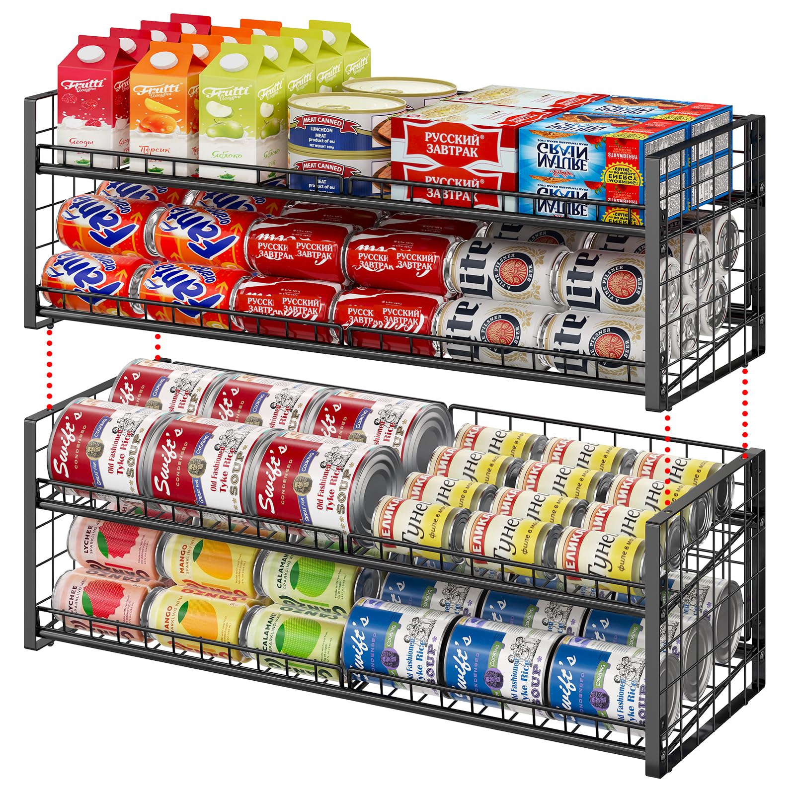 Stapelbarer Dosenhalter für Speisekammerregal, verstellbar, extra lang, Rolldosenregal für Küchenschrank, stabiler stehender Dosenhalter für Konserven, Soda bis zu 128, 2 Etagen, schwarz, 2 Stück