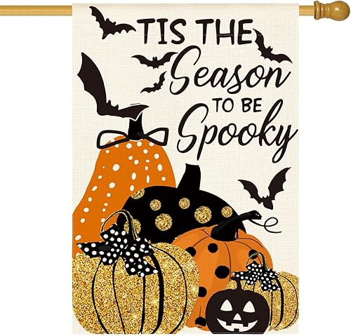AVOIN colorlife Bandera de Halloween para casa de 28 x 40 pulgadas, bandera decorativa de doble cara para exteriores, diseño de murciélago y calabaza