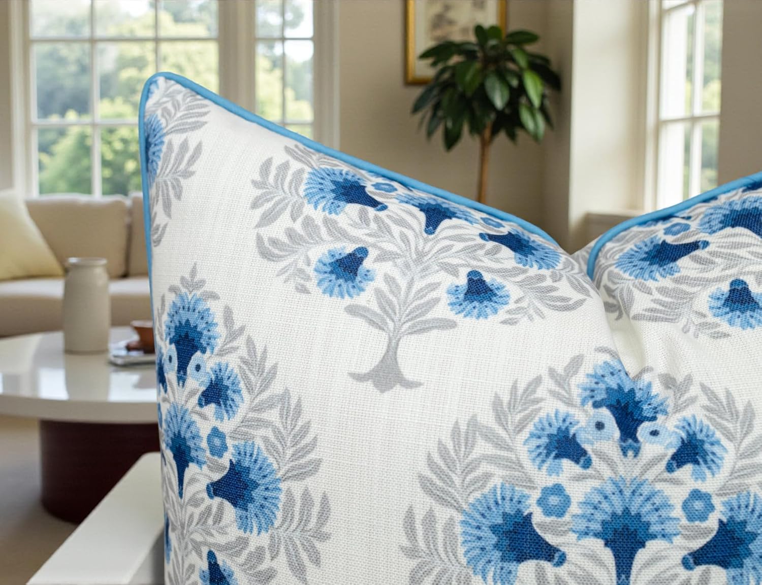 Printed 20x20 Inch Decorative Throw Pillow Cover - Poly Cotton Blend Blue Floral Motif - Padma