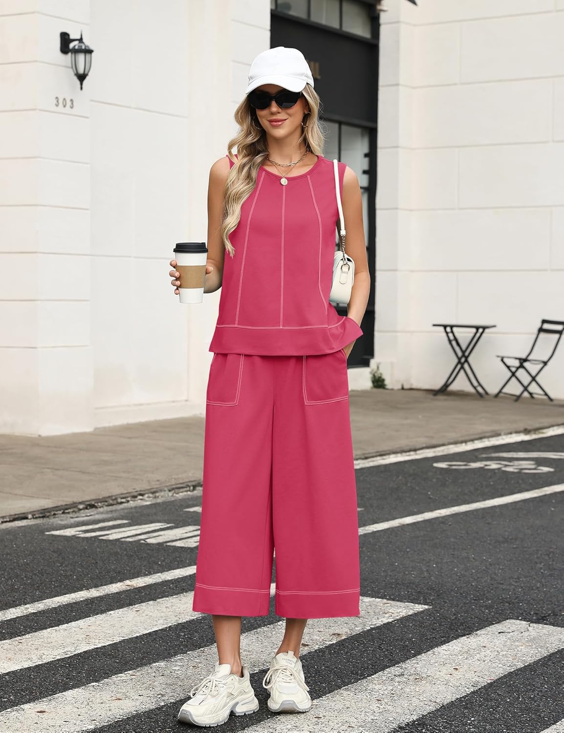 LOMON Two Piece Sets for Women Summer Outfits Sleeveless Tank Tops Wide Leg Crop Pants Matching Lounge Vacation Travel