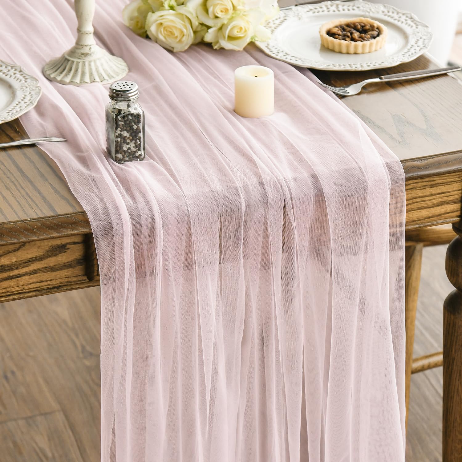Artoid Mode Runner da tavola in garza rosa cipria, 150 x 300 cm, stile bohémien, per cucina, sala da pranzo, matrimoni, vacanze, compleanni, decorazione per la casa e le feste