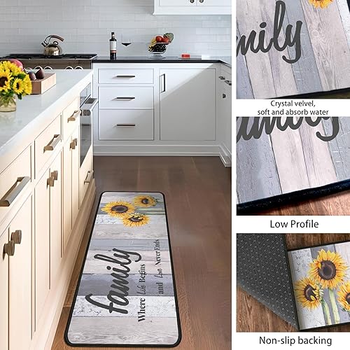 Miniatura 10 de Juego de 2 alfombras de cocina con diseño de girasol, antideslizantes, impermeables, resistentes a las manchas, para suelo, cocina, exteriores, 17 x