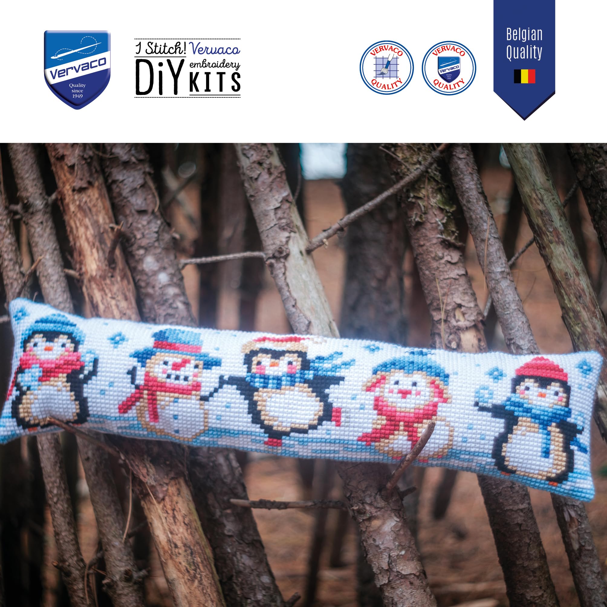 VERVACO Zestaw do Haftu Krzyżykowego Wałek pod drzwi ZABAWA NA ŚNIEGUKanwa z Nadrukiem 80 x 20 cm Gruba Włóczka Akrylowa Zrób to Sam Dekoracja Domu DIY Cross Stitch Kit