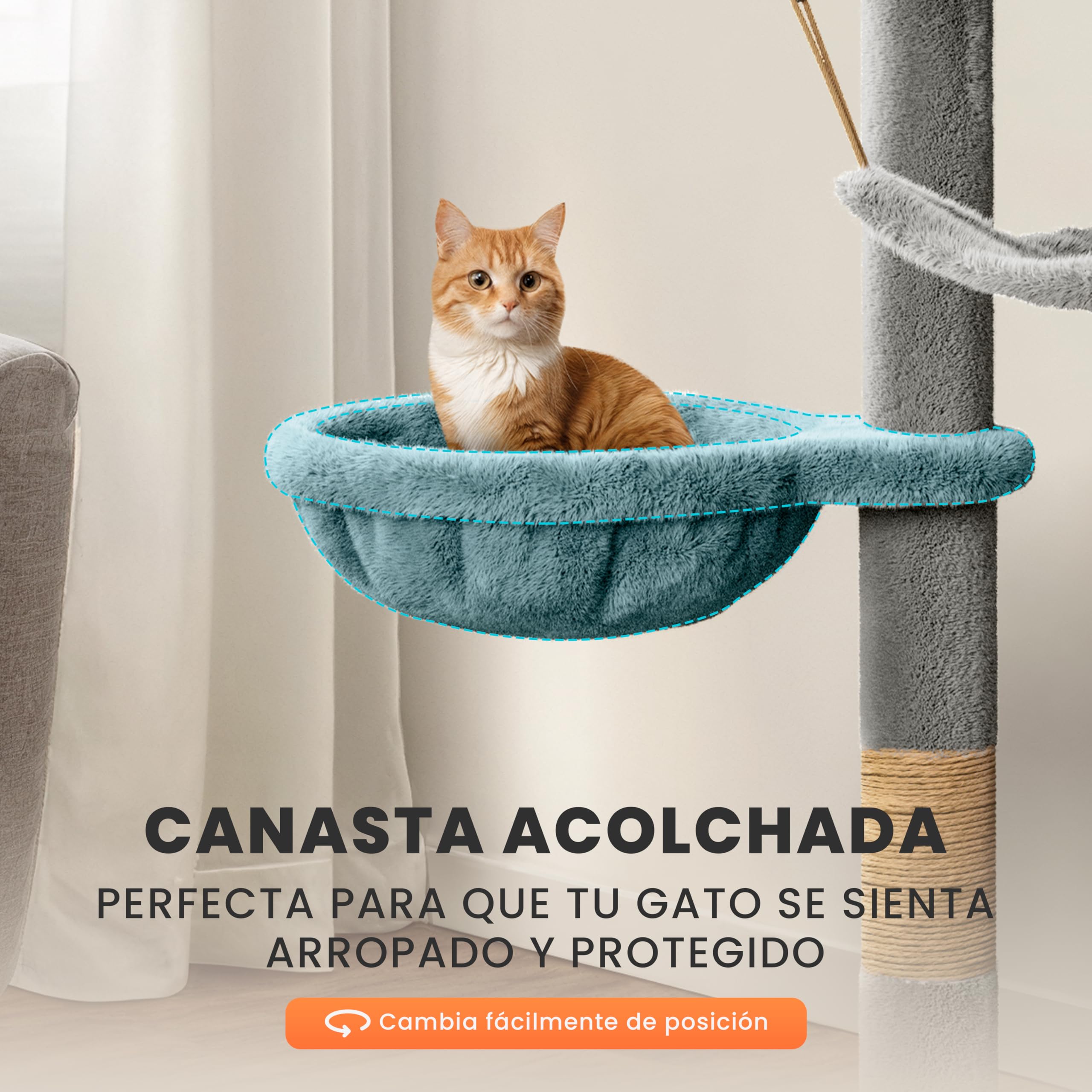 JUPPLIES Árbol Rascador para Gatos 143 cm – Torre de Juegos y Descanso con 5 Plataformas, 3 Nidos, 1 Cueva y Hamaca – Poste de Sisal y Base Estable 60×40 cm – Ideal para Hogares (Gris)