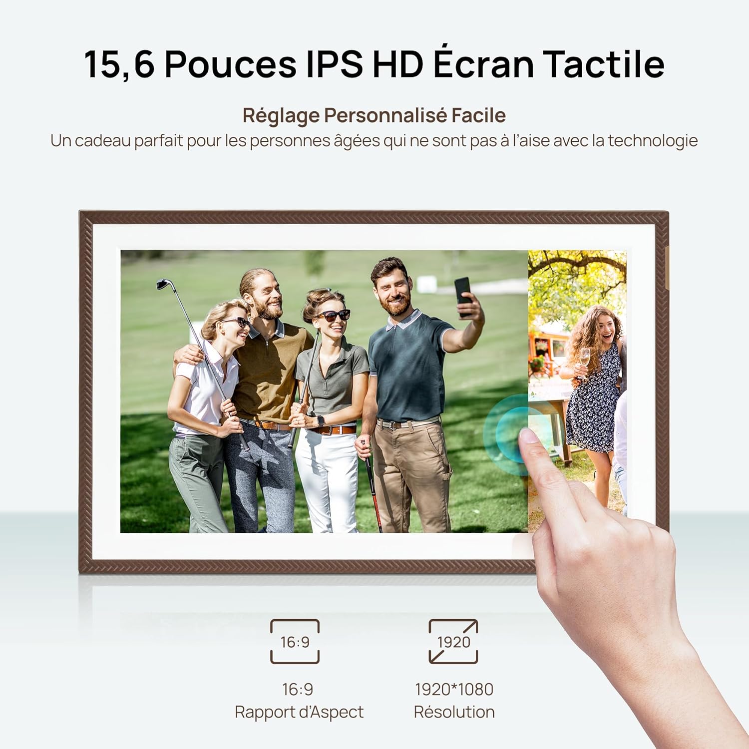 ARZOPA D15 Digital Photo Frame displaying app download options for App Store and Google Play.