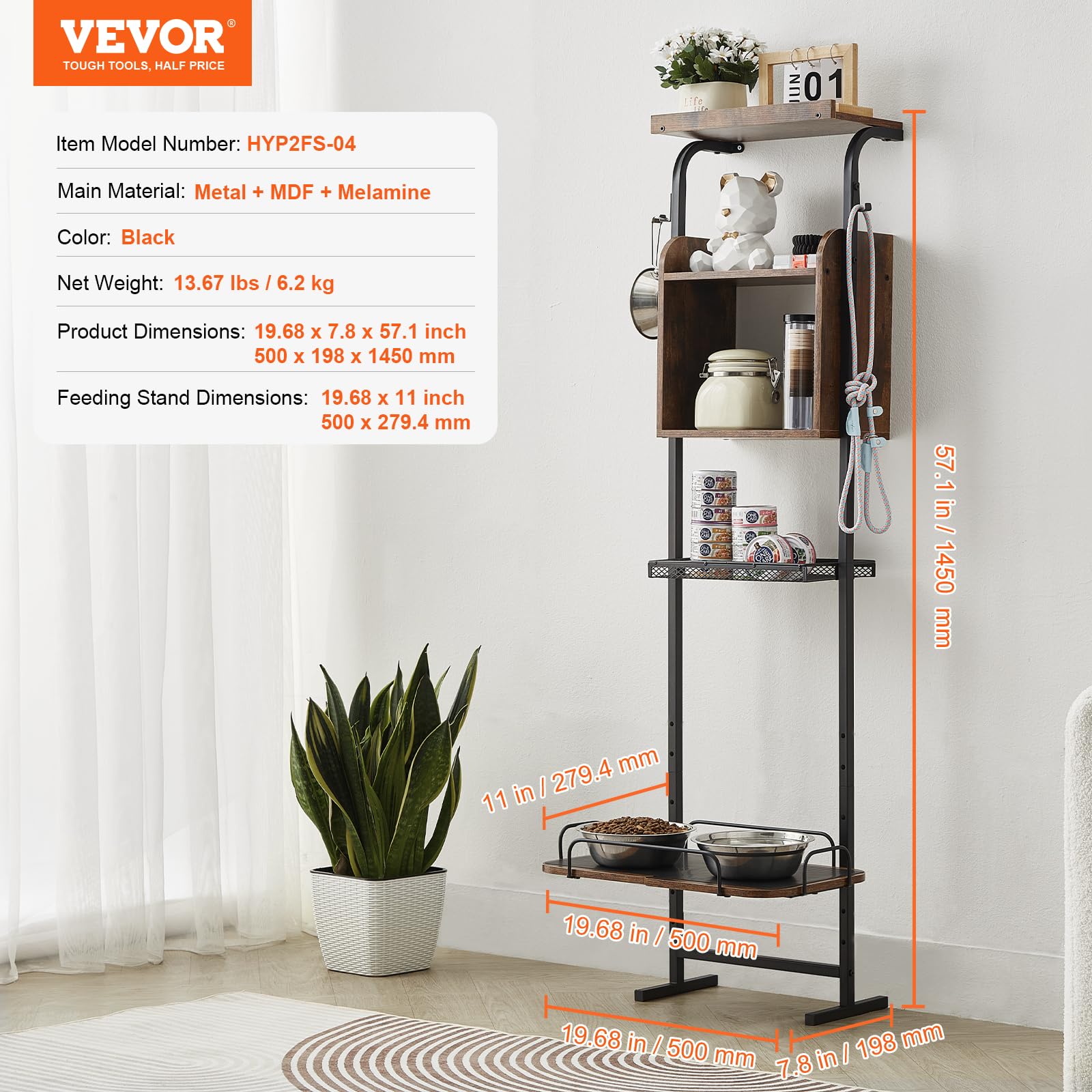 VEVOR Estación de Alimentación 50x19,8x145 cm Comedero Elevado para Perros Soporte para Comederos para Perros Ajustable en Altura Cuenco Elevado Barra para Perros Grandes, Medianos, Pequeños